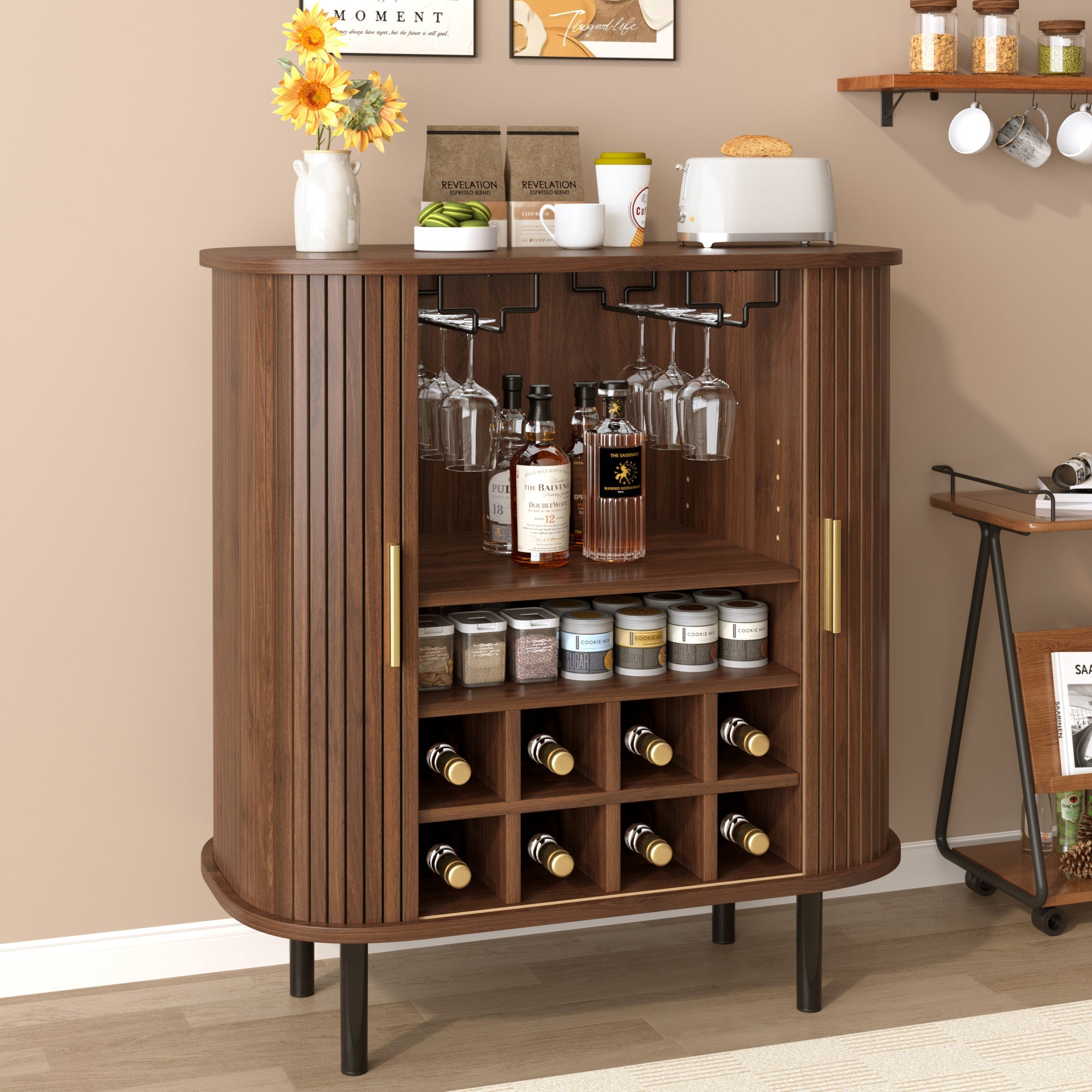28' Fluted Wine Bar Cabinet with 8-Grid Wine Rack, 5-Level Adjustable Shelves, 2 Glass Holders, Smoothly Sliding Tambour Doors, 4 Hidden Storage Space on the Side, Modern Liquor Coffee Station, Black