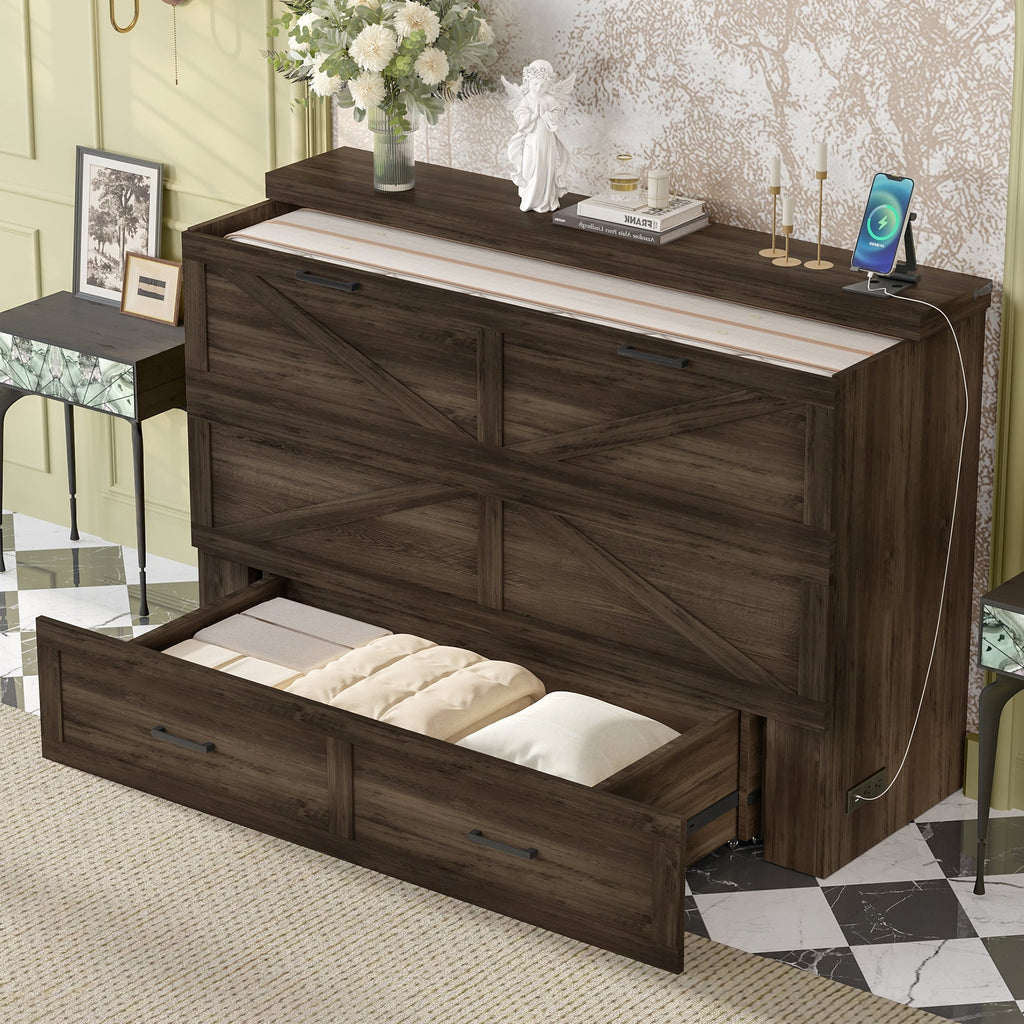 Queen Size Farmhouse Murphy Cabinet Bed with Charging Station, Foldable Platform Bed with Large Storage Drawer for Guest-Room, Small Bedroom, White(Old SKU: N733S237837W)