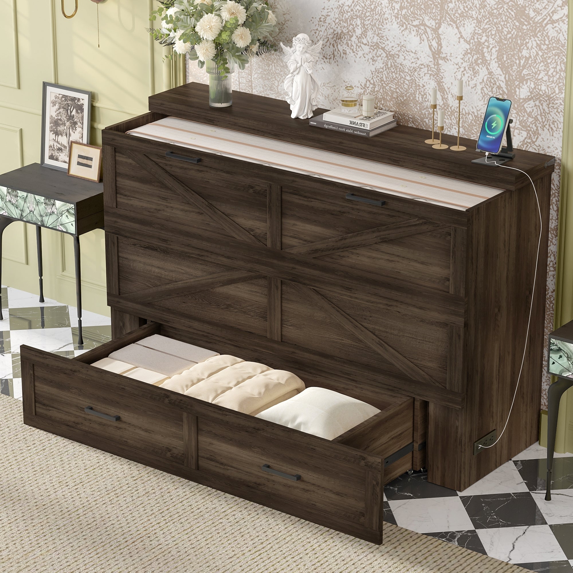 Queen Size Farmhouse Murphy Cabinet Bed with Charging Station, Foldable Platform Bed with Large Storage Drawer for Guest-Room, Small Bedroom, White(Old SKU: N733S237837W)