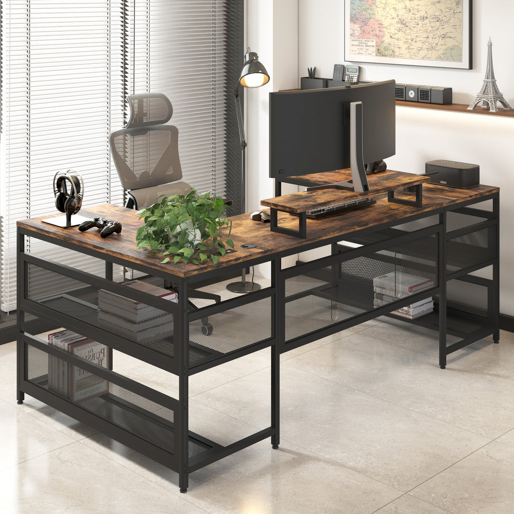 U-shaped desk built-in power outlets on desktop close-up