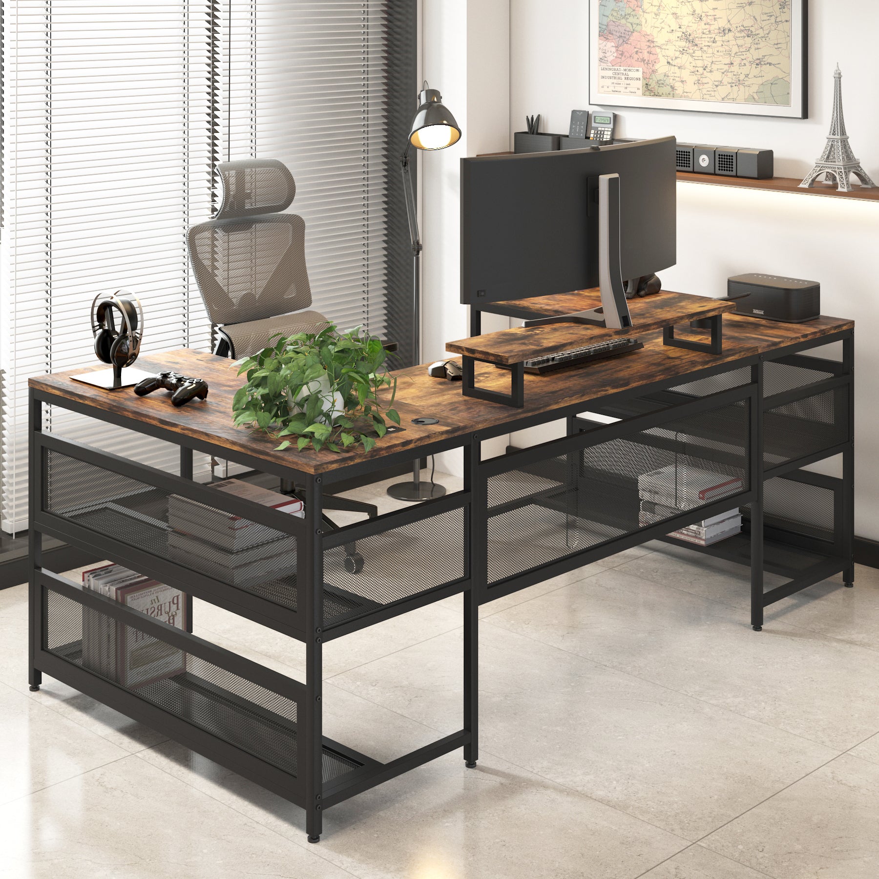 U-shaped desk built-in power outlets on desktop close-up