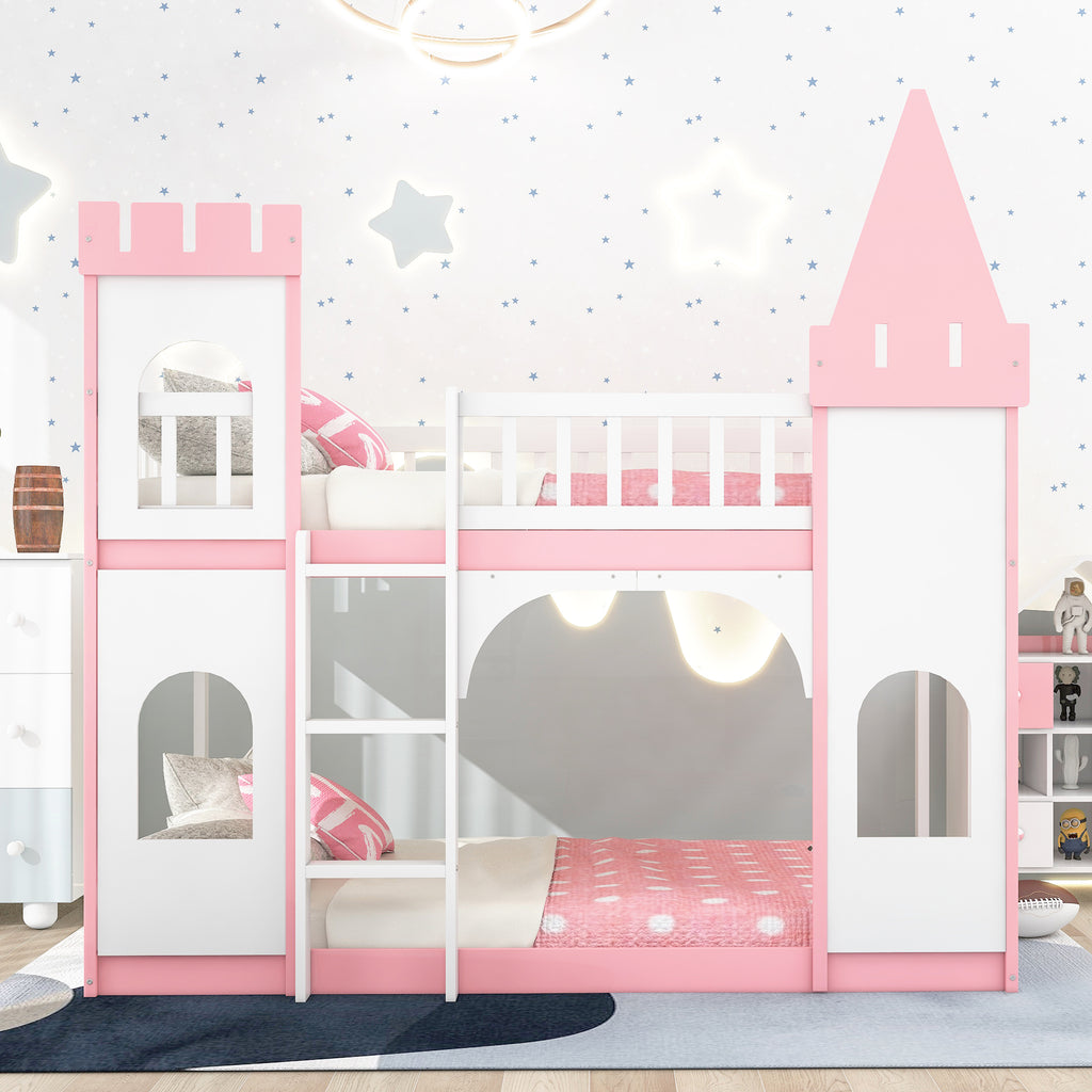 Pink castle twin over twin bunk bed with ladder — front view