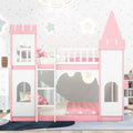 Pink castle twin over twin bunk bed with ladder — front view