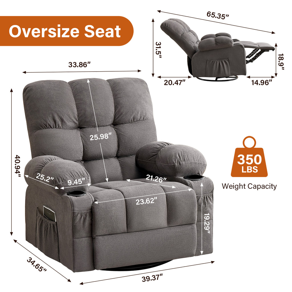 Gray swivel rocker recliner with vibration massage — angle view