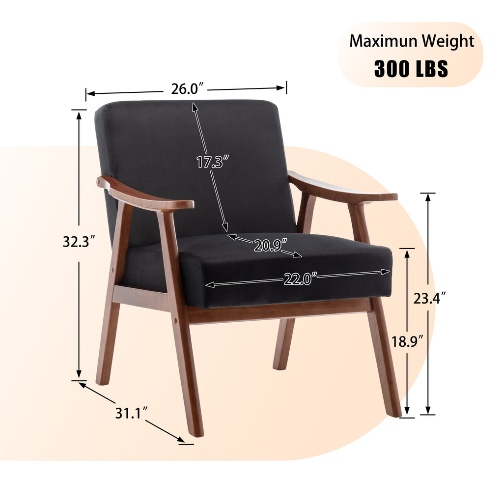 Velvet Mid-Century Wingback Accent Chair — Wood Frame & Thick Backrest