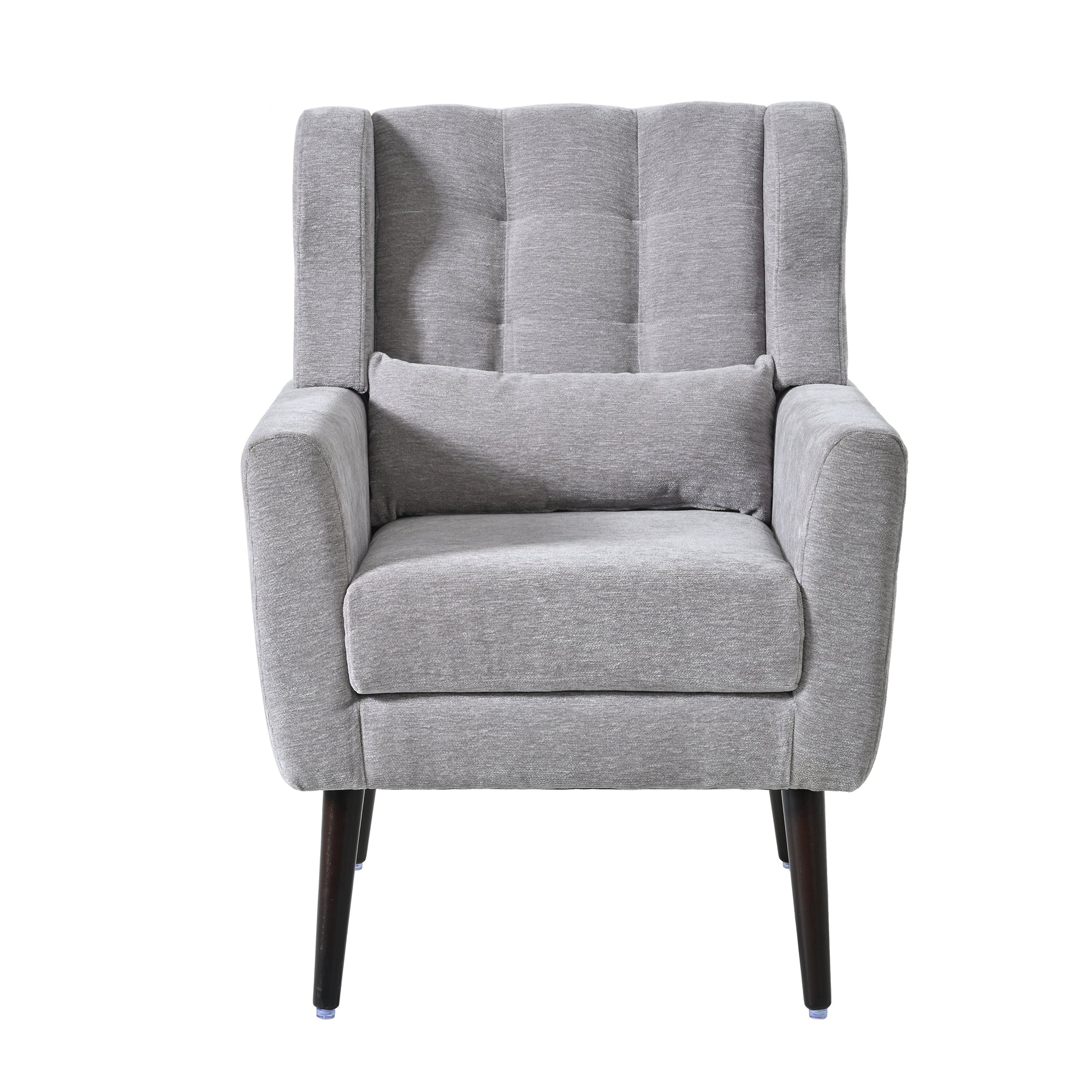 Chenille Accent Chair with Lumbar Pillow — Mid-Century Rubberwood Legs