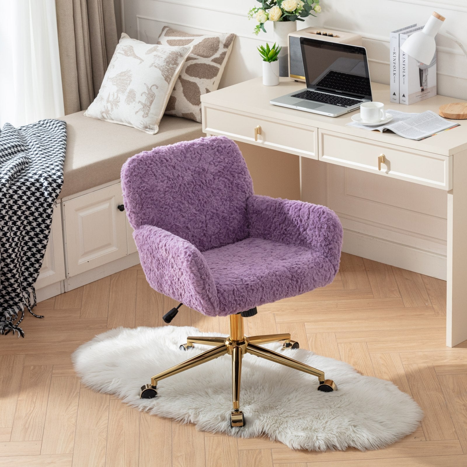 Reclining violet desk chair with gold metal legs and wheels