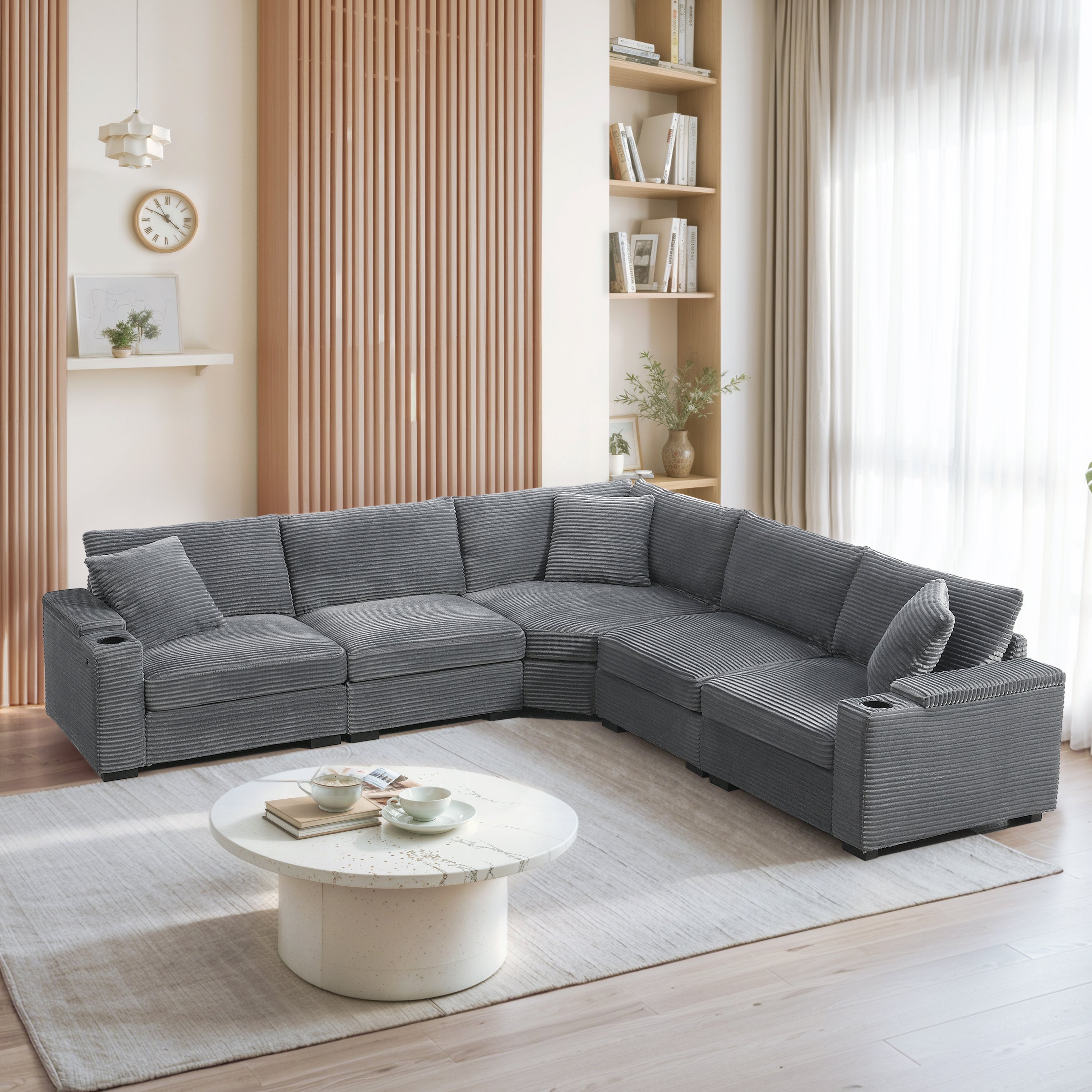 104' Convertible L-Shaped Sectional Sofa, Corduroy Corner Couch with Armrest Storage, Cup Holders, USB Charger, Irregular Corner, Oversized Comfy Modular Sofa for Living Room&Apartment