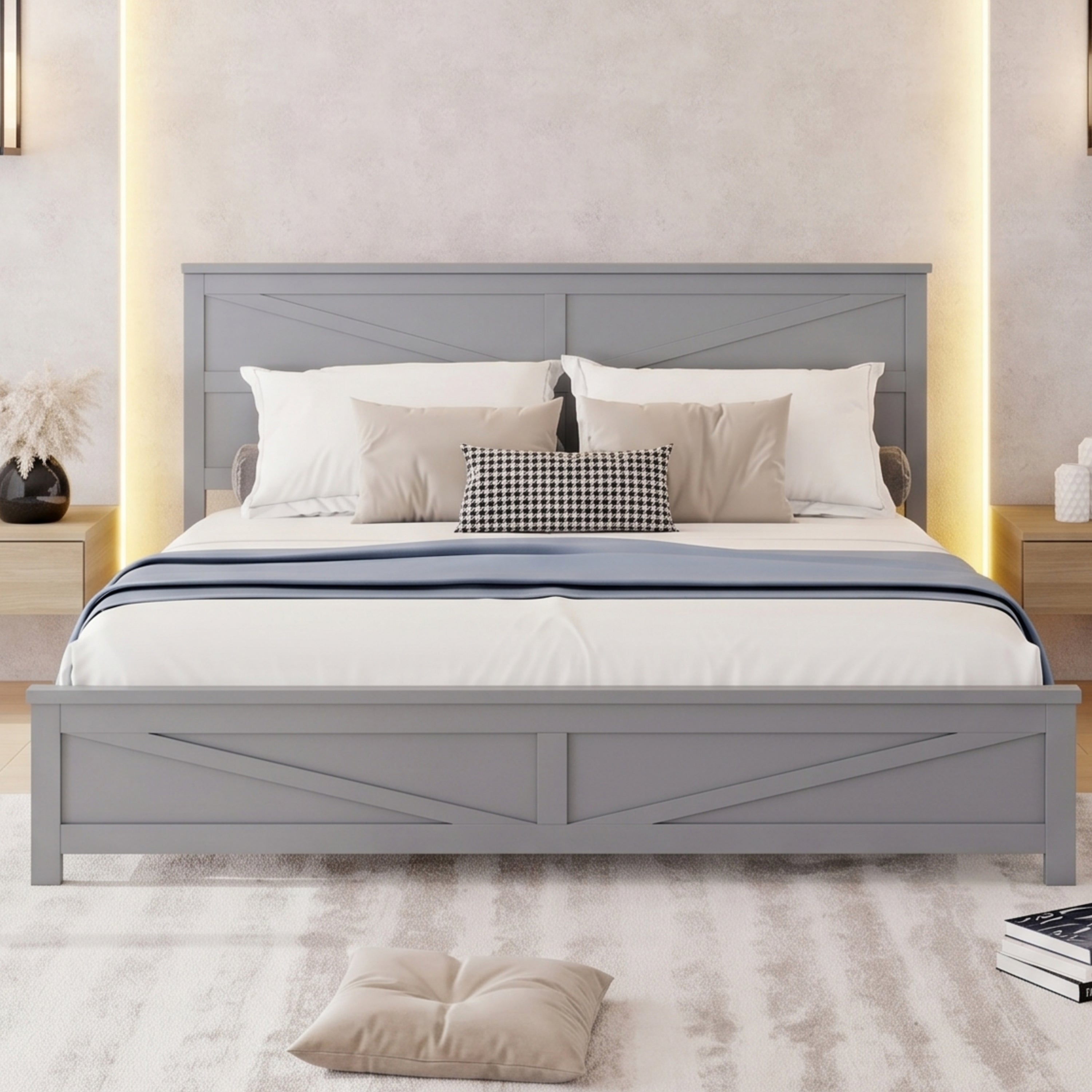 Farmhouse Style King Size Bed with Barn Door Designed Headboard and Footboard, Pinewood Bed with Strengthened Bed Frame,White