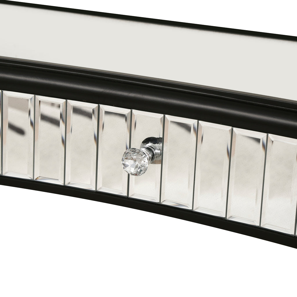 47" Half-Moon Mirrored Console Table — Fluted Glass & Crystal Drawer