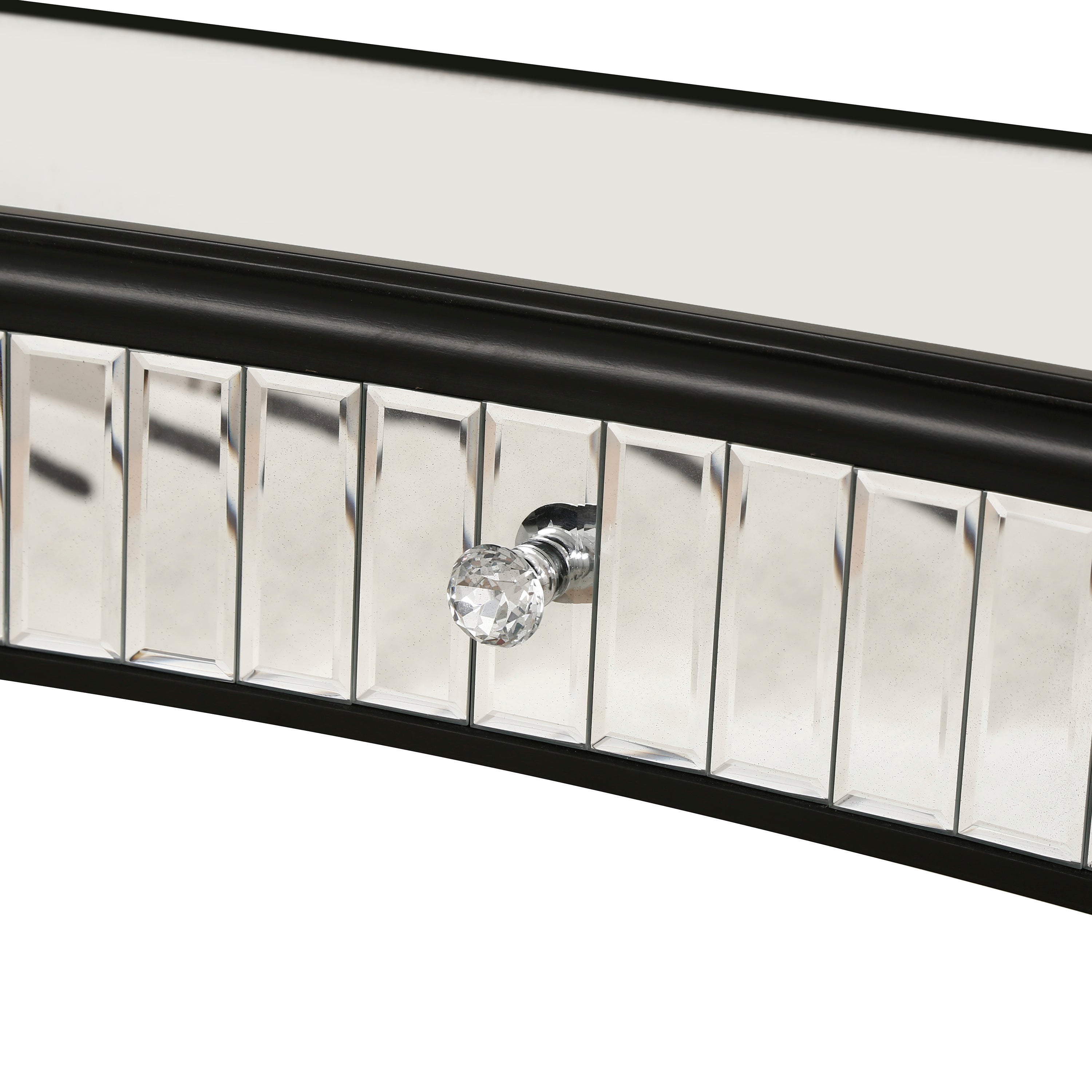 47" Half-Moon Mirrored Console Table — Fluted Glass & Crystal Drawer