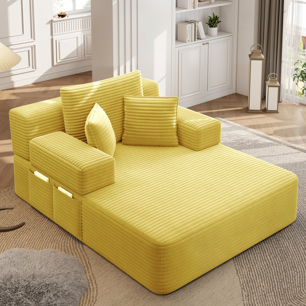 Oversized Plush Corduroy Chaise Lounge Sofa Bed,Convertible Sleeper Couch Bed w/ Storage Pockets,3 Soft Pillows,Multi-Functional Frameless Sofa Couch for Apartment,Home Theater,Guest Room,Beige&White