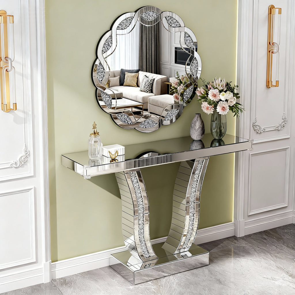43 Inch Mirrored Console Table, Modern Silver Entryway Sofa Table with Curved Stone-Inlaid Legs, Silver Glam Entryway Table for Living Room, Modern Luxury Accent Table, Hallway Foyer Table
