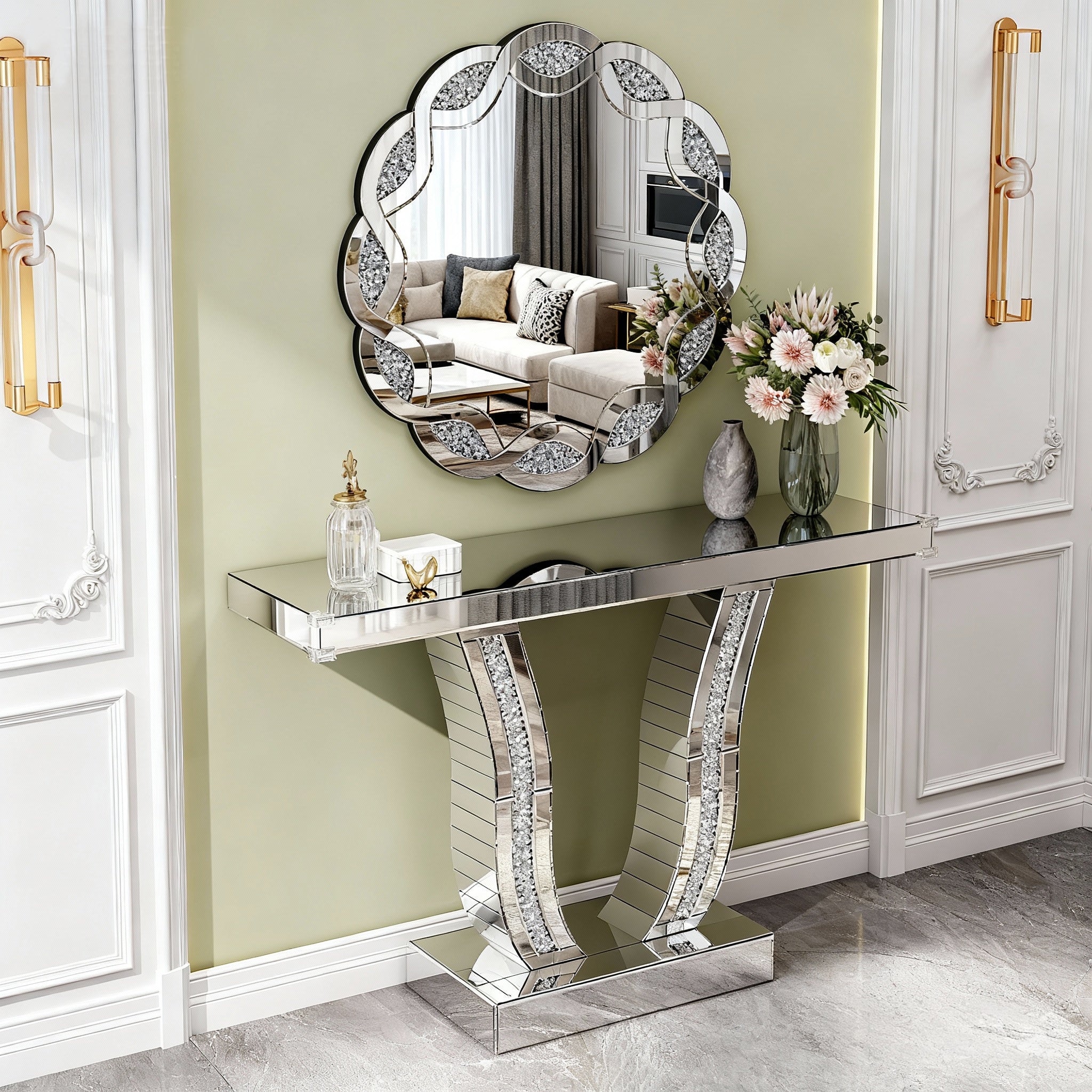 43 Inch Mirrored Console Table, Modern Silver Entryway Sofa Table with Curved Stone-Inlaid Legs, Silver Glam Entryway Table for Living Room, Modern Luxury Accent Table, Hallway Foyer Table