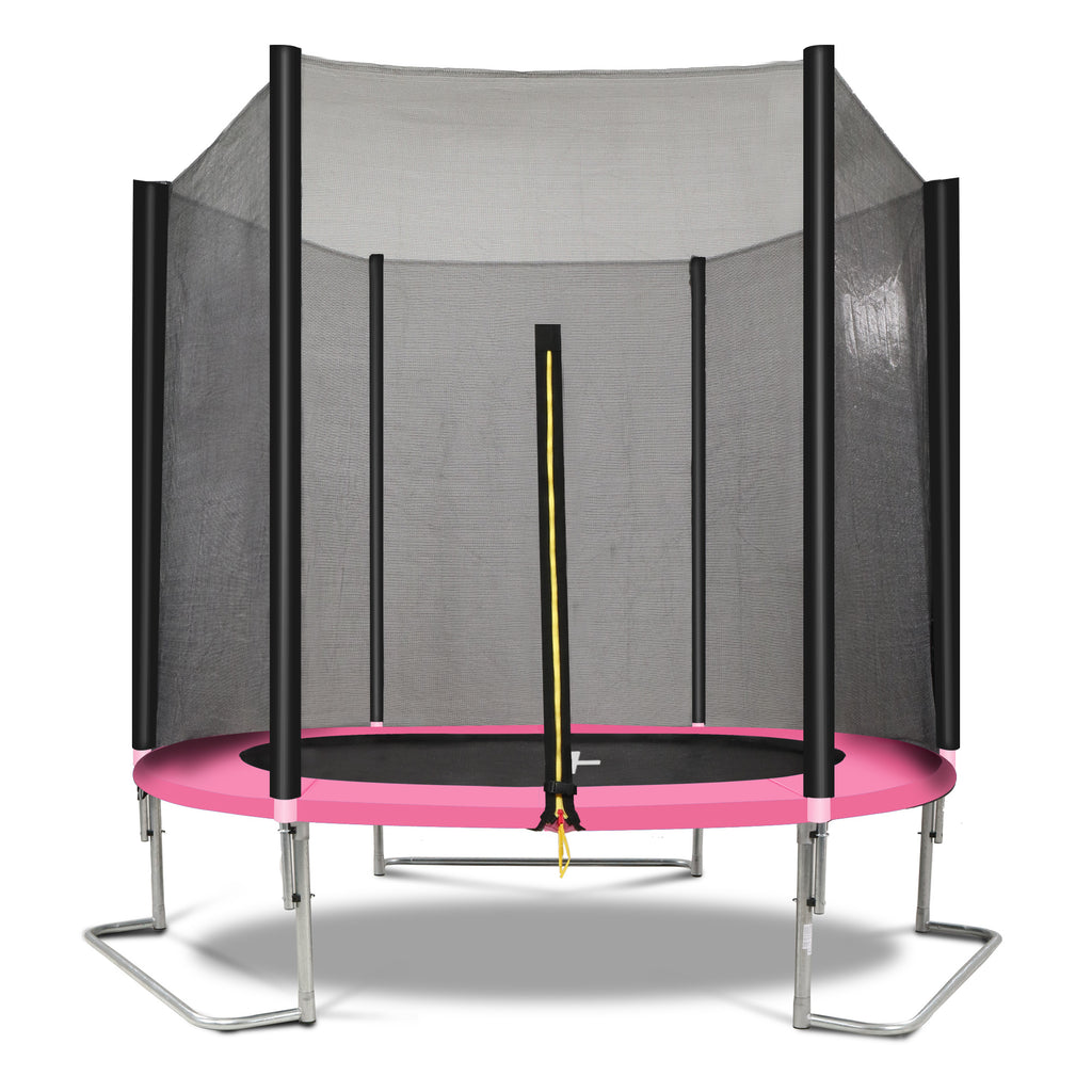 8ft outdoor kids trampoline with pink and black safety enclosure — front view