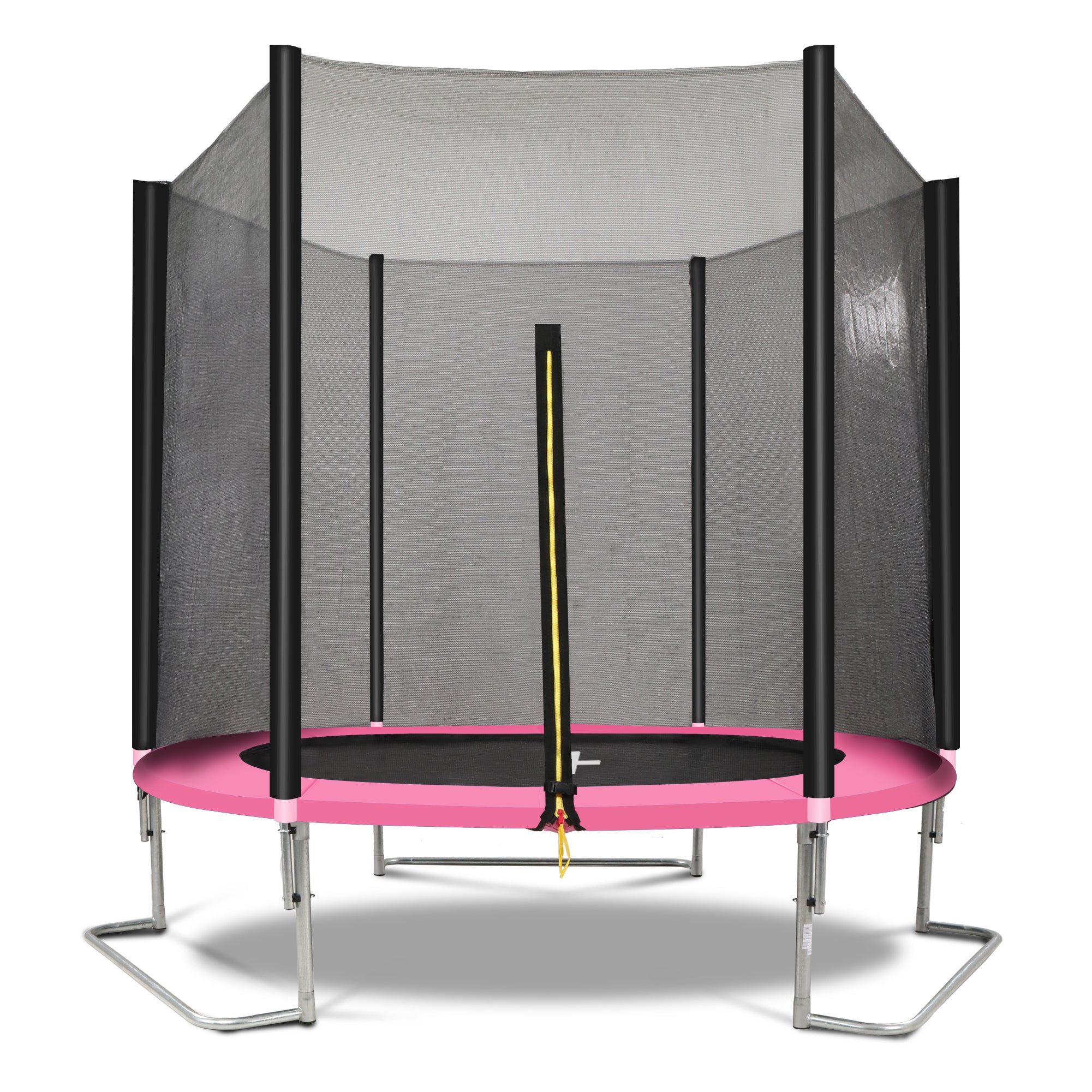 8ft outdoor kids trampoline with pink and black safety enclosure — front view