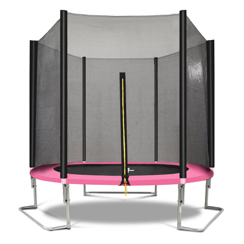 8ft outdoor kids trampoline with pink and black safety enclosure — front view