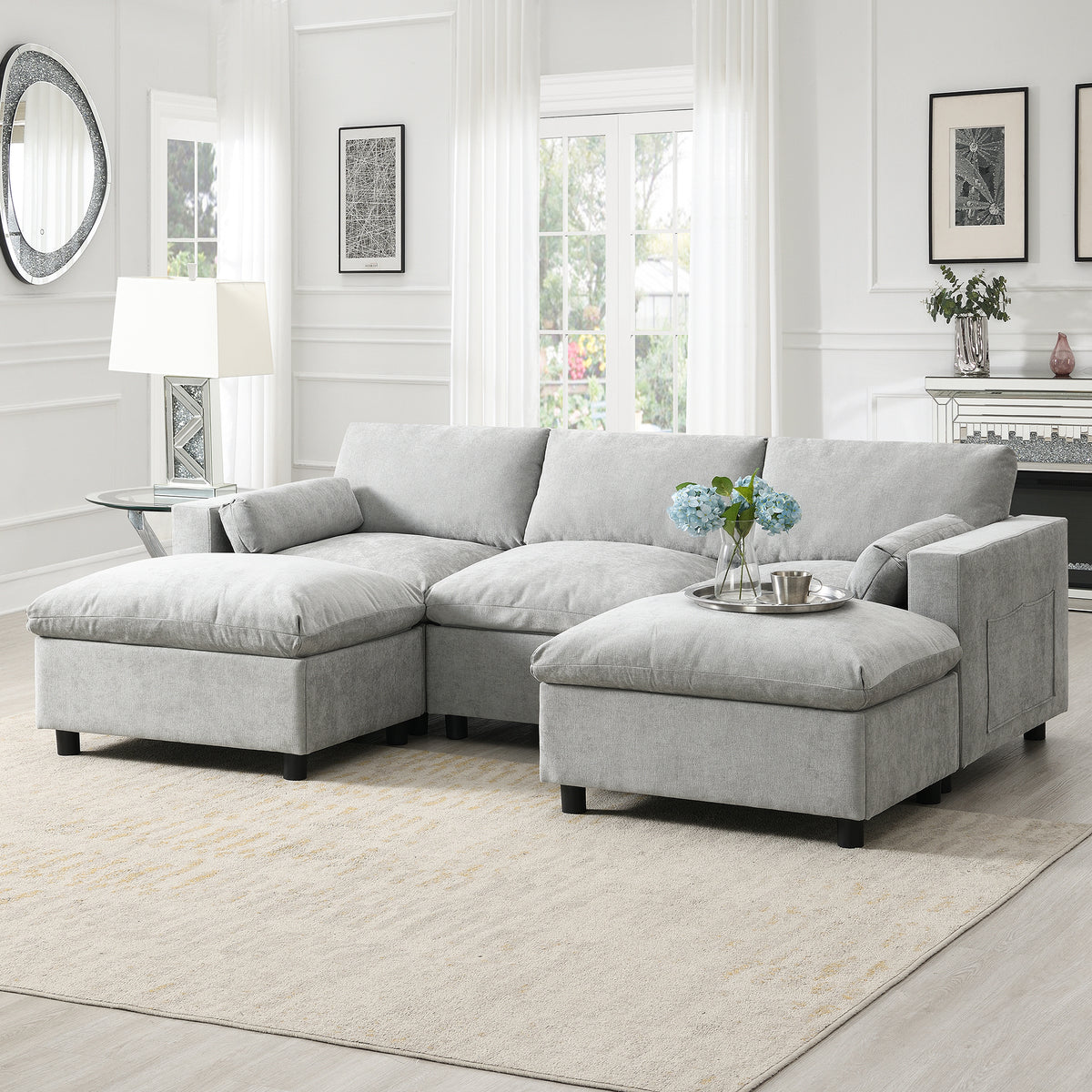 [NEW SKU of N723S8723C]84.5'' Modular Sectional Sofa with Storage Pockets, 5 Seat U Shaped Chenille Couch Set with Pillows, Free Combination Modern Cloud Sofa with Movable Ottoman