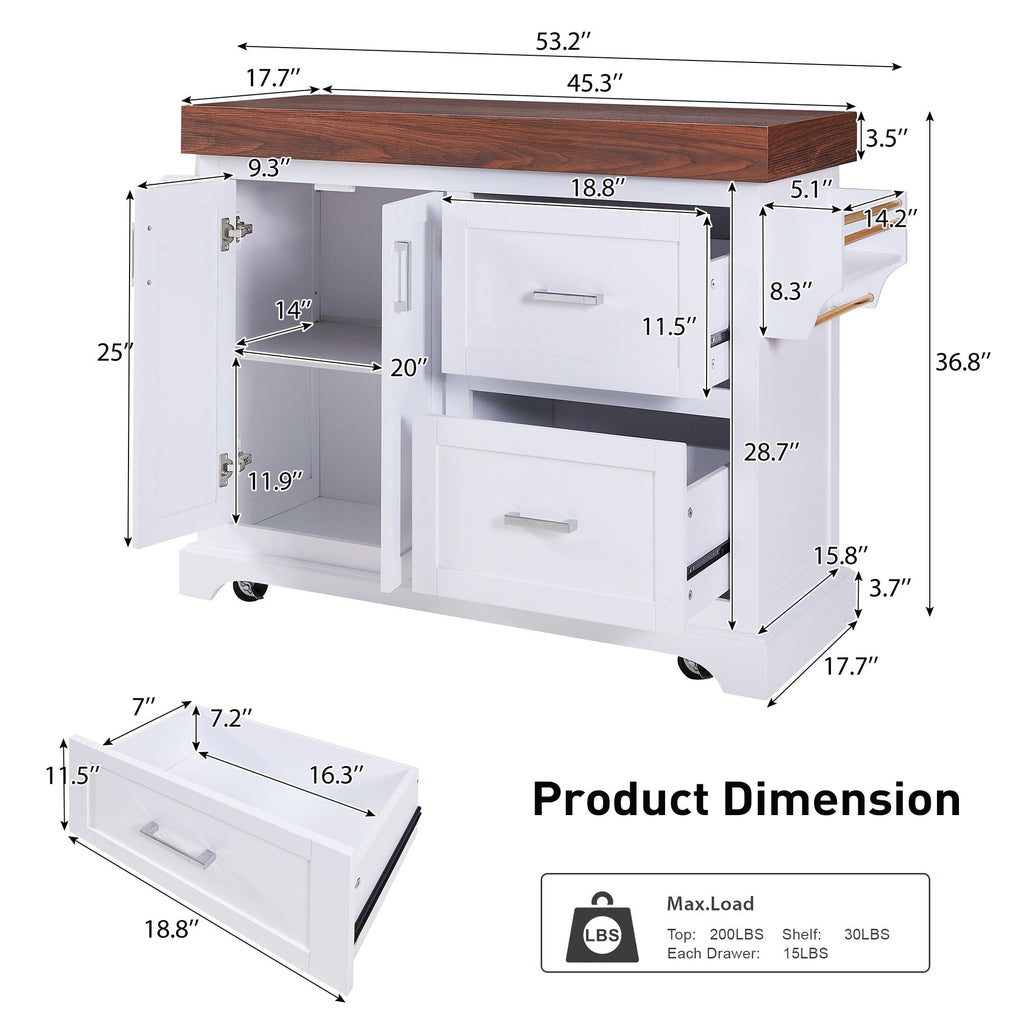 K&K 53' Large Kitchen Island with 3.5' Thick Desktop, Spice and Towel Racks, Rolling Kitchen Island with Storage on 5 Wheels, 2 Extra-large Drawers, for Home, Kitchen, Dining Room, Black