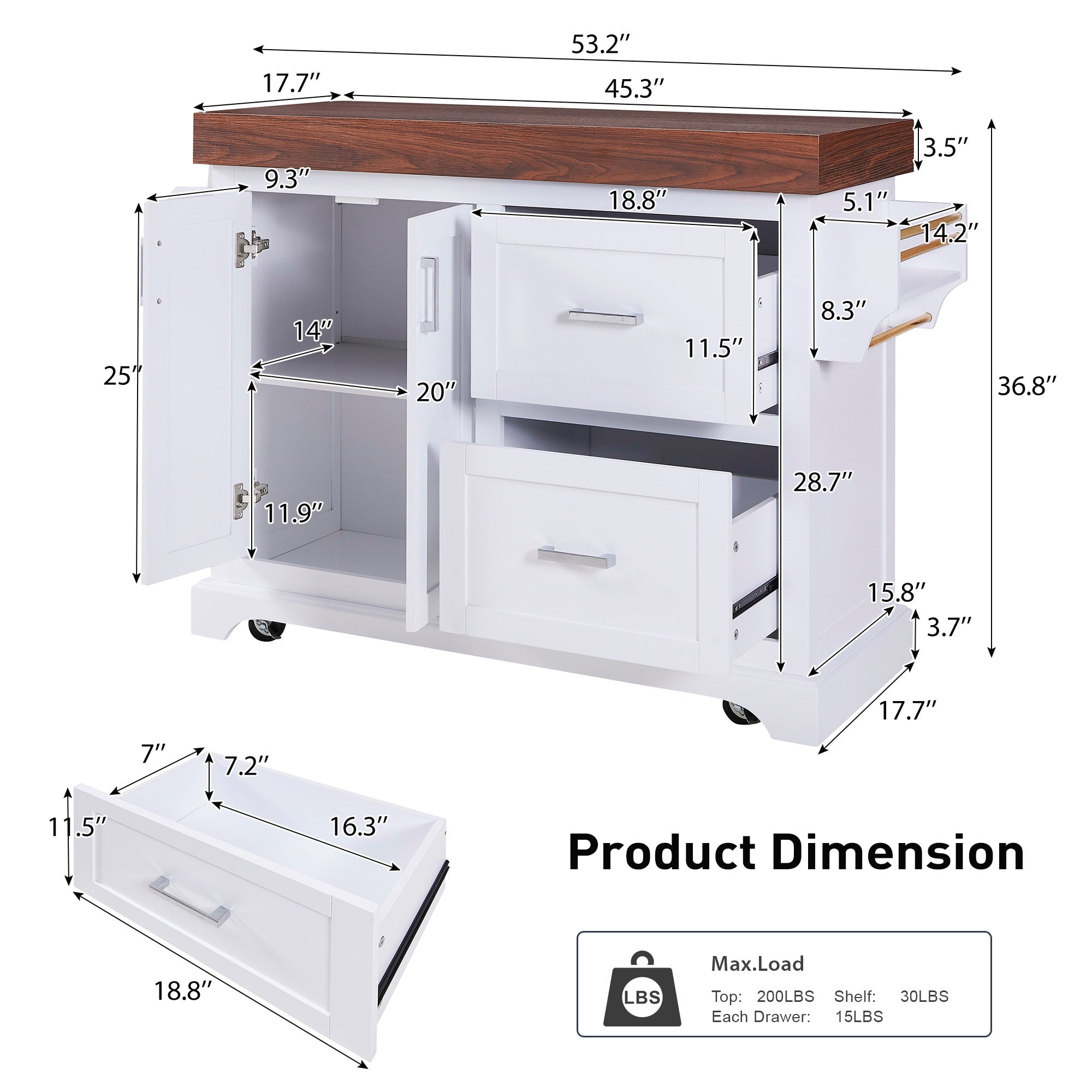 K&K 53' Large Kitchen Island with 3.5' Thick Desktop, Spice and Towel Racks, Rolling Kitchen Island with Storage on 5 Wheels, 2 Extra-large Drawers, for Home, Kitchen, Dining Room, Black