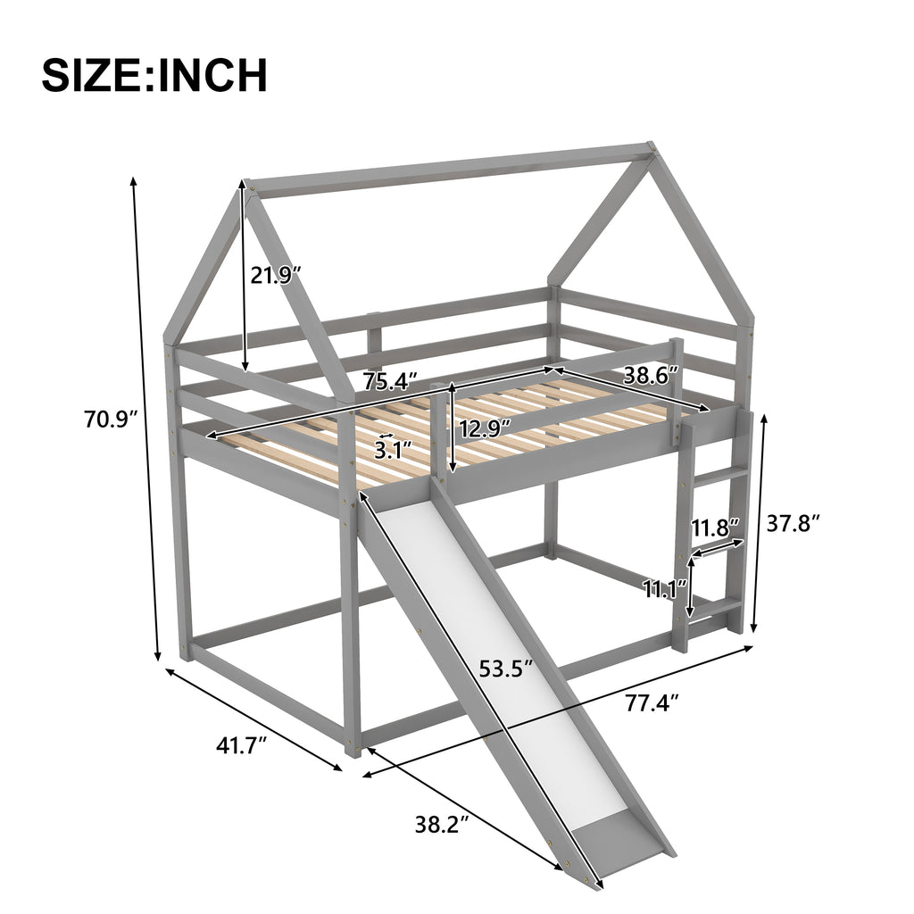 Gray bunk bed with built-in slide and ladder — side view