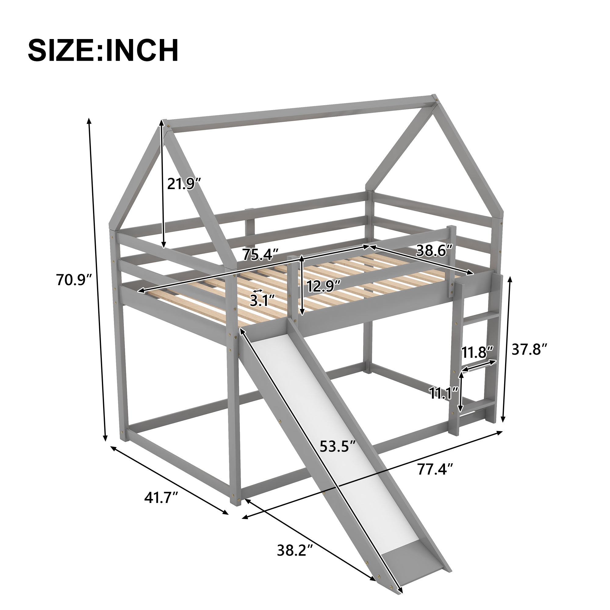 Gray bunk bed with built-in slide and ladder — side view