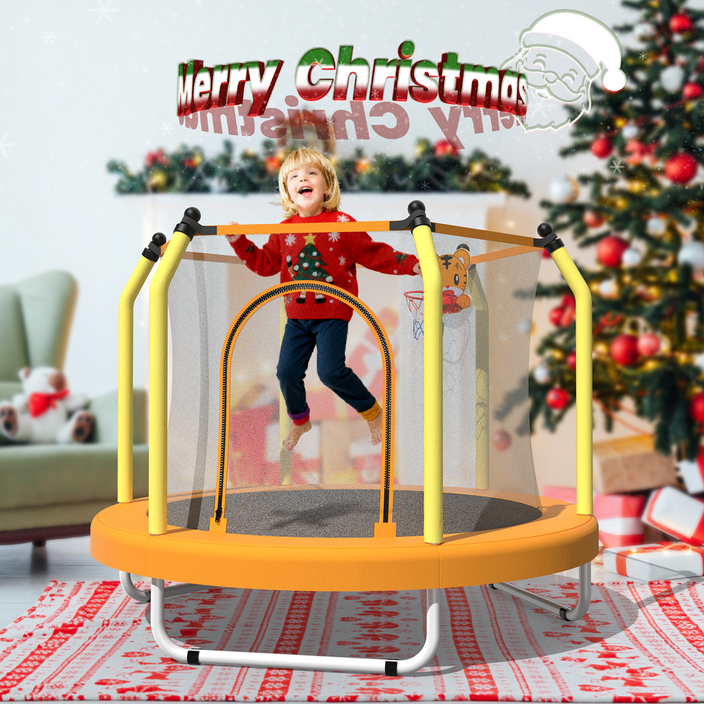 55-Inch Kids Trampoline with Safety Net & Basketball Hoop