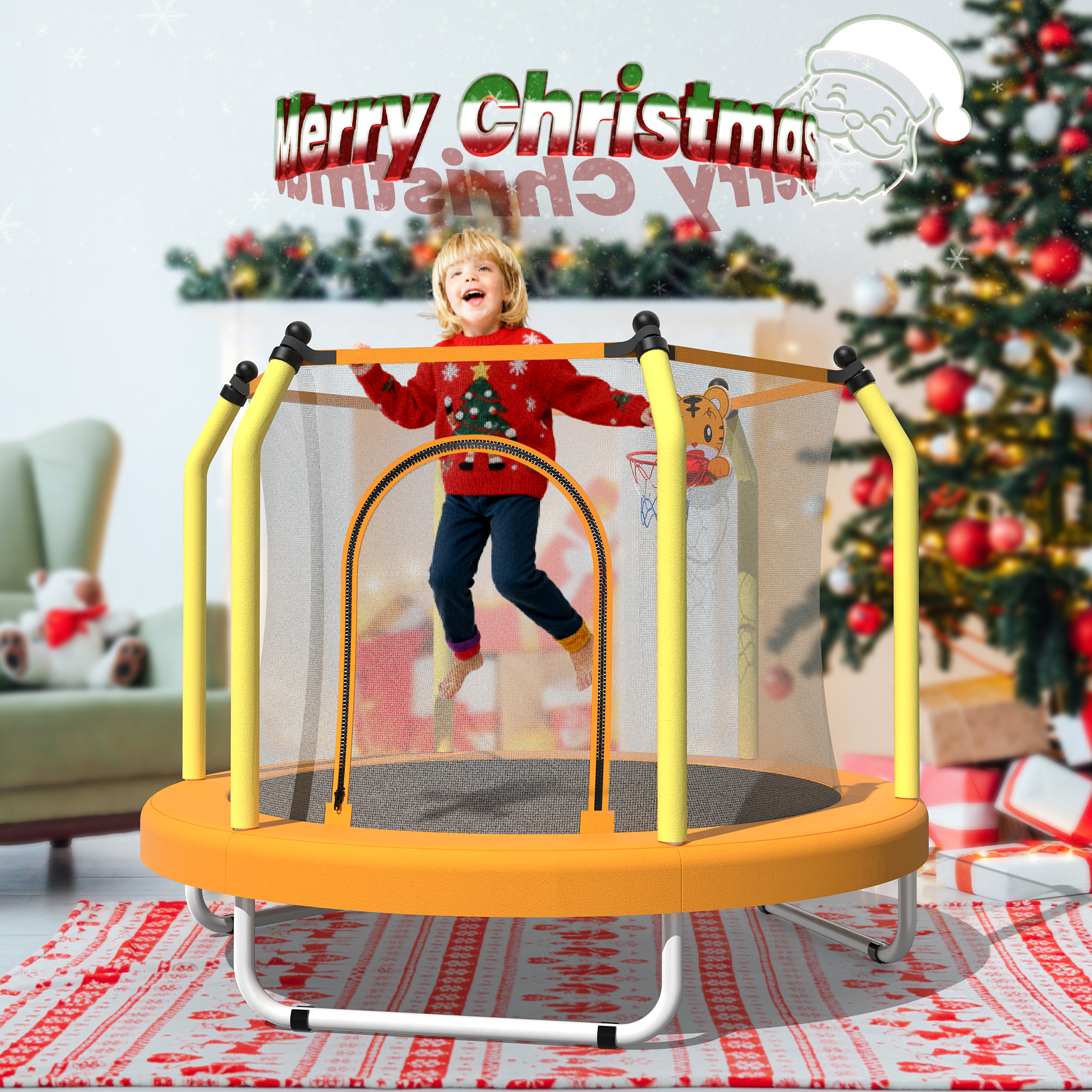 55-Inch Kids Trampoline with Safety Net & Basketball Hoop