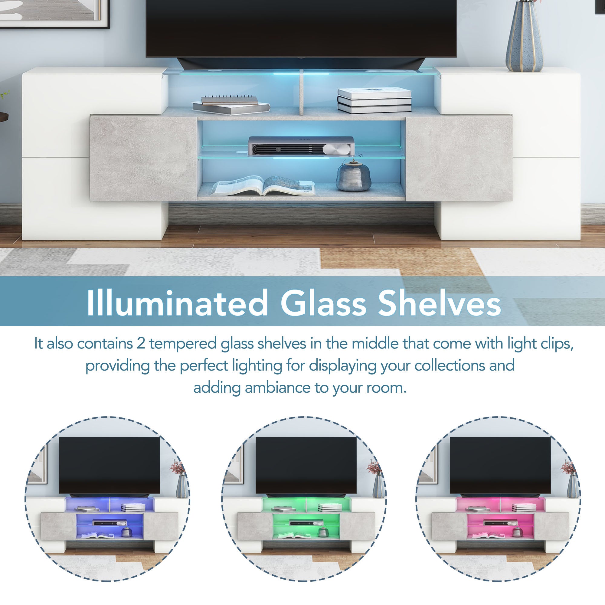 High gloss grey media console with LED accent lighting