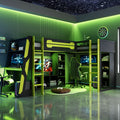 Green L-shaped twin gaming bed frame with RGB LED lights — front view