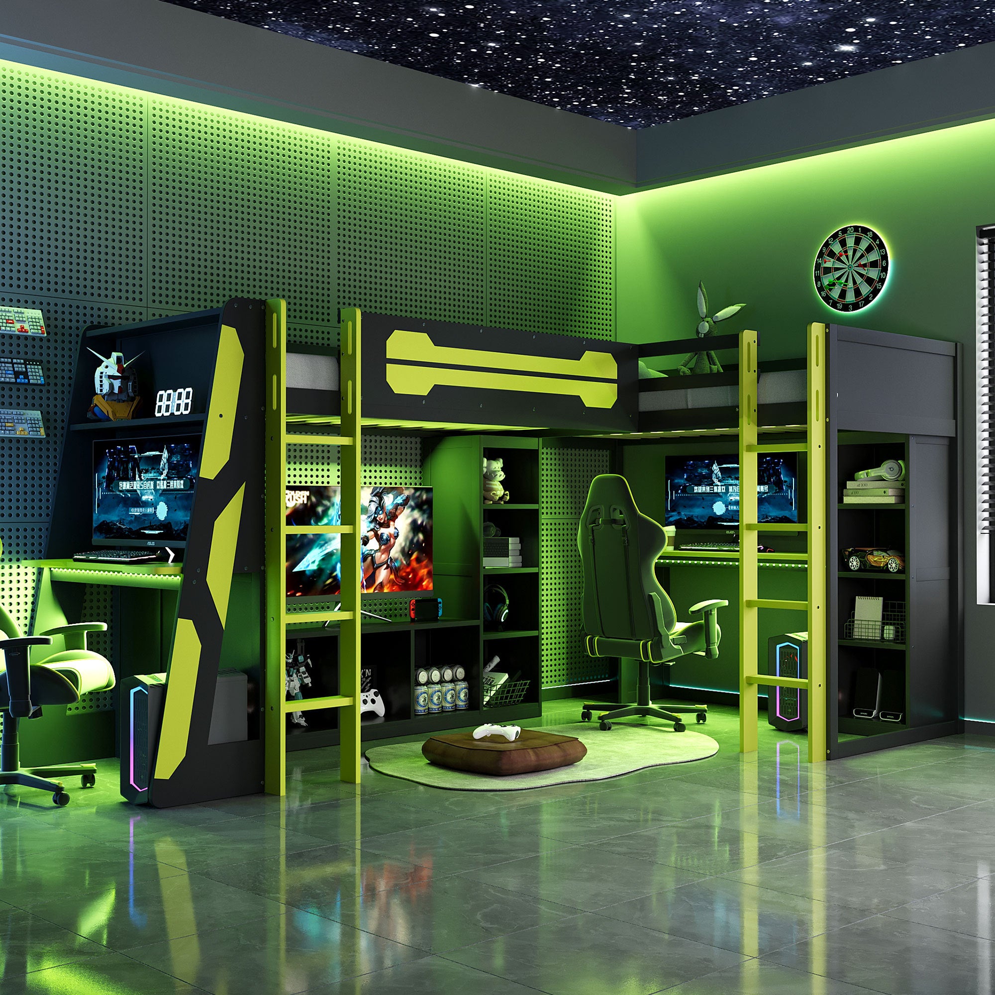 Green L-shaped twin gaming bed frame with RGB LED lights — front view