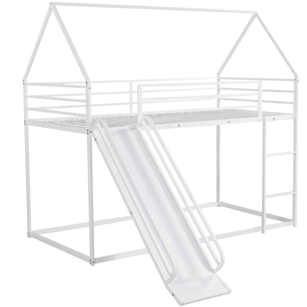 White twin-over-twin house bunk bed with slide — front view