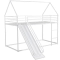 White twin-over-twin house bunk bed with slide — front view