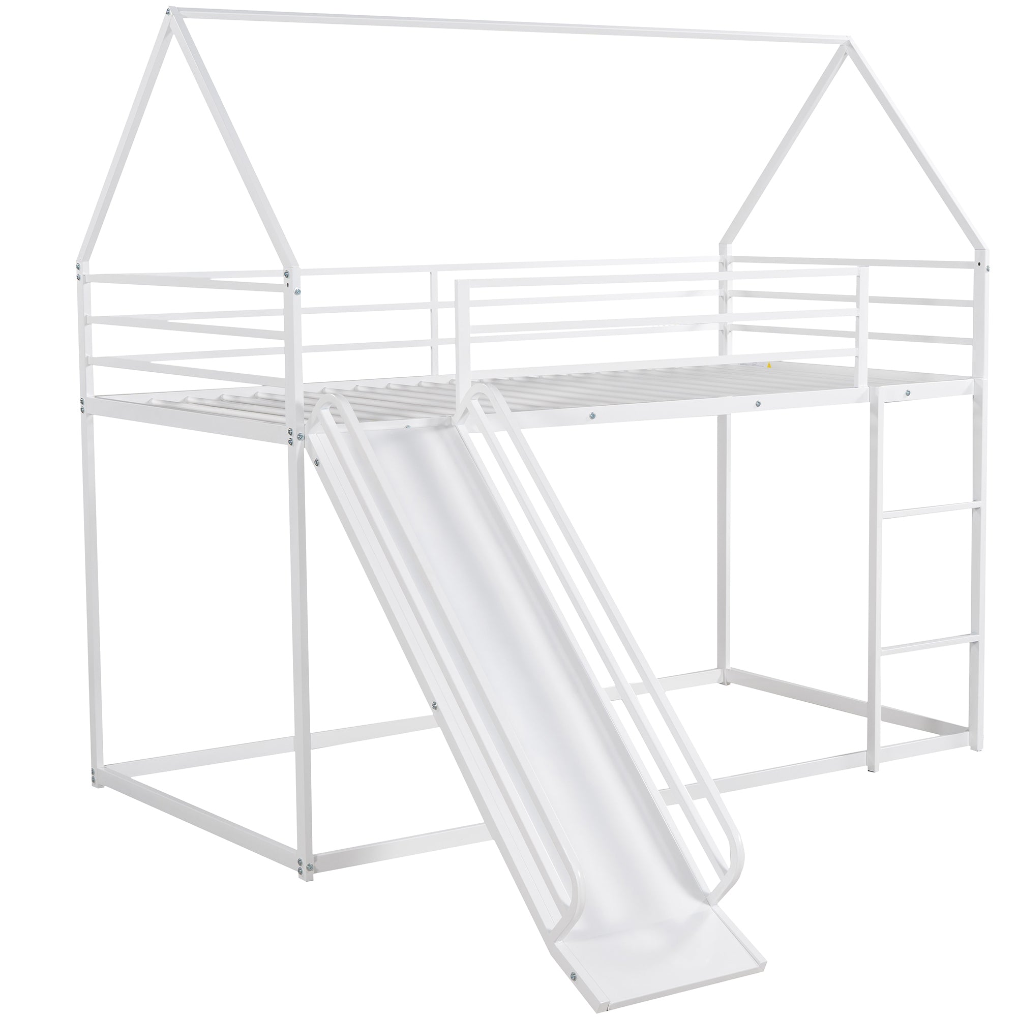 White twin-over-twin house bunk bed with slide — front view