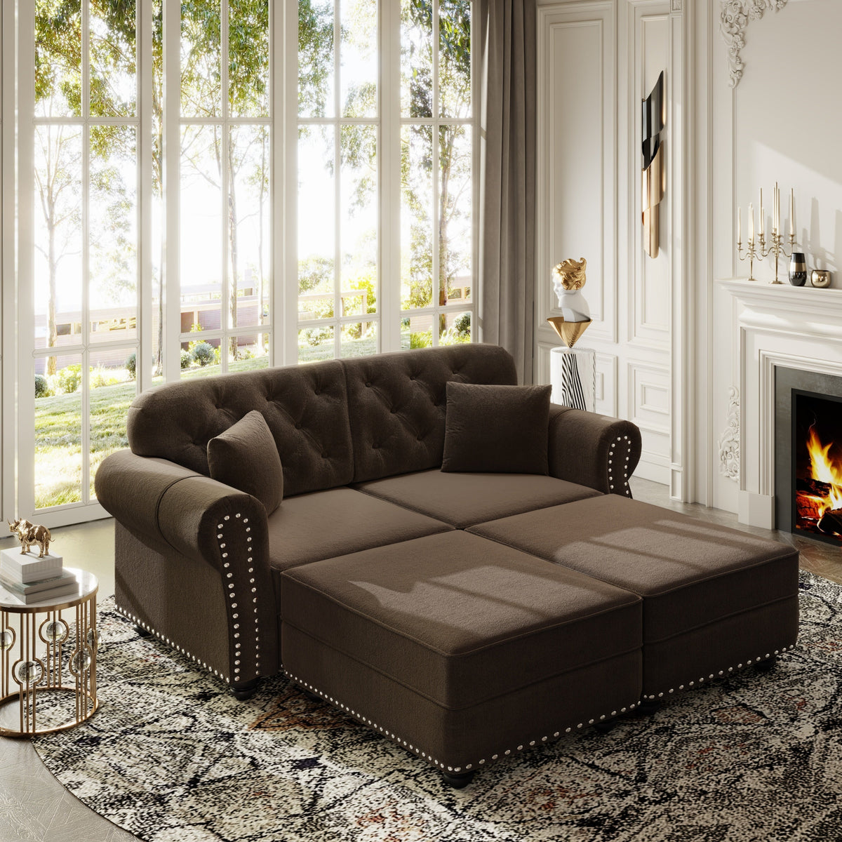 63'Upholstered Velvet Sofa with Nailhead Trim and Rolled Armrests,Mid-Century Modern Chesterfield Sofa with Button Tufted,Includes 2 Pillows,Beige/White