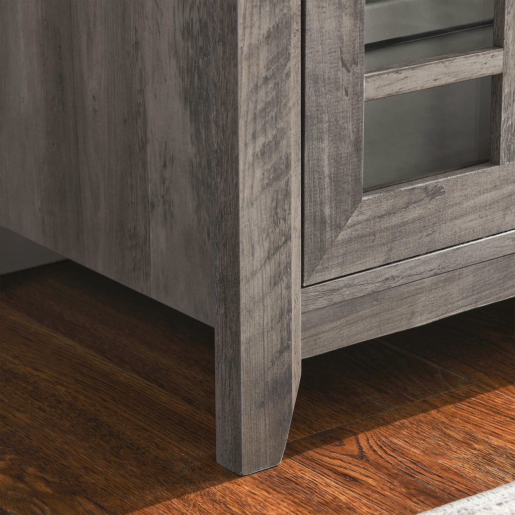 Gray wash TV stand side profile with fireplace and storage
