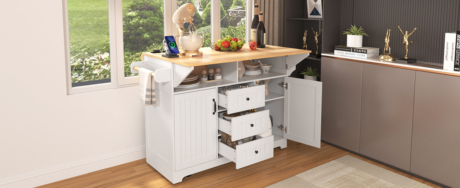 K&K 55.7'' Large Kitchen Island with 2 Drop Leaf,, Rolling Kitchen Cart on 5 Wheels with Power Outlet, Folding Storage Dining Table with Spice & Towel Rack , 3 Drawers, for Kitchen, Dining Room,Black
