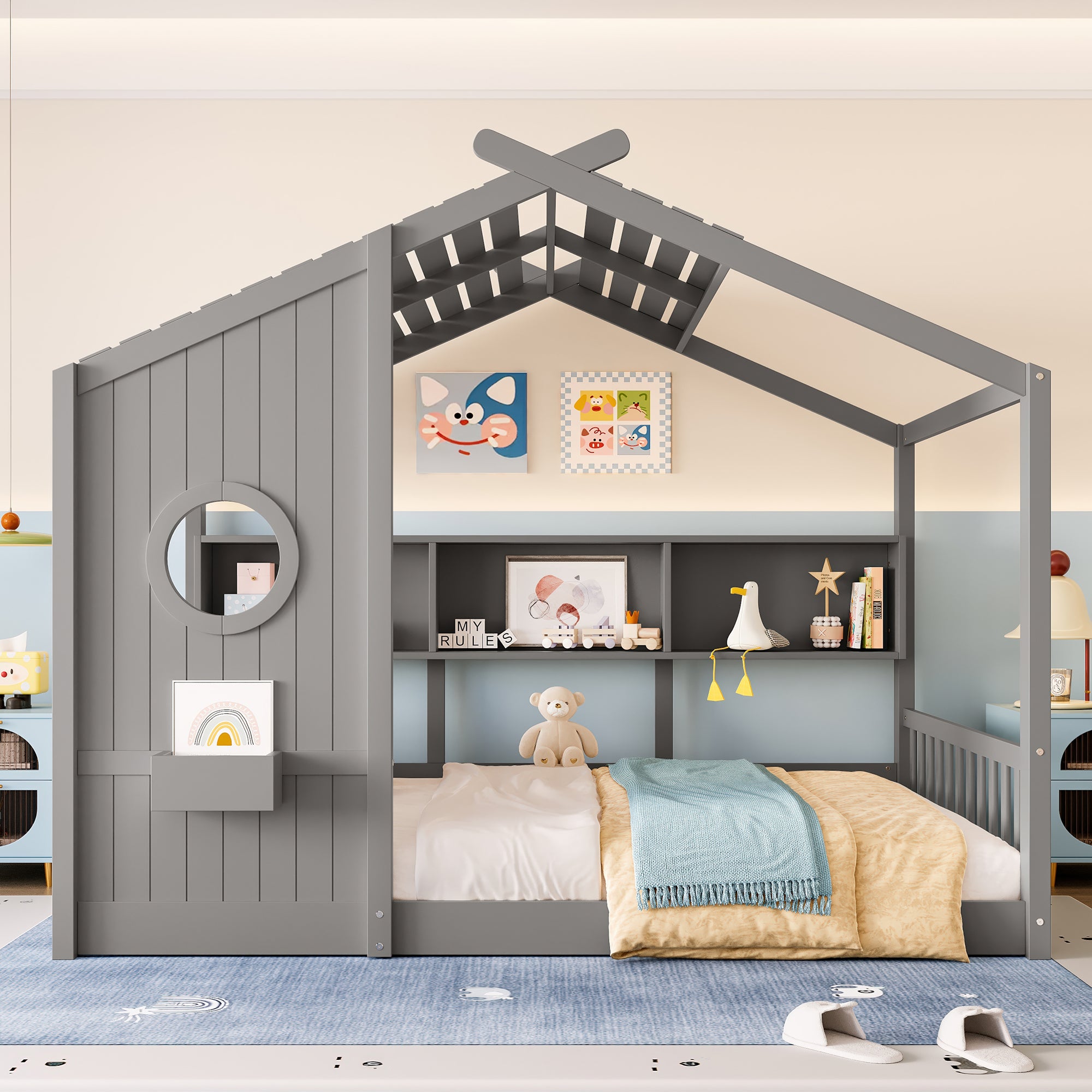 Full Size Floor House Bed for Toddler, Kids Montessori Bed with Storage Shelf, Playhouse Bed with Roof Design, Gray