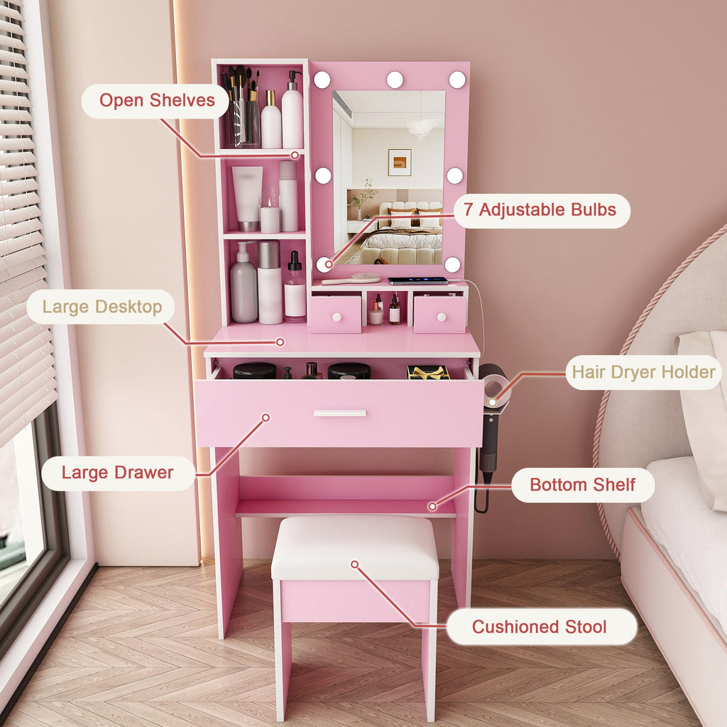 Vanity Table with Mirror, Adjustable LED Lights, Power Outlet, Hairdryer Holder & Stool – Compact Dressing Desk for Small Bedrooms