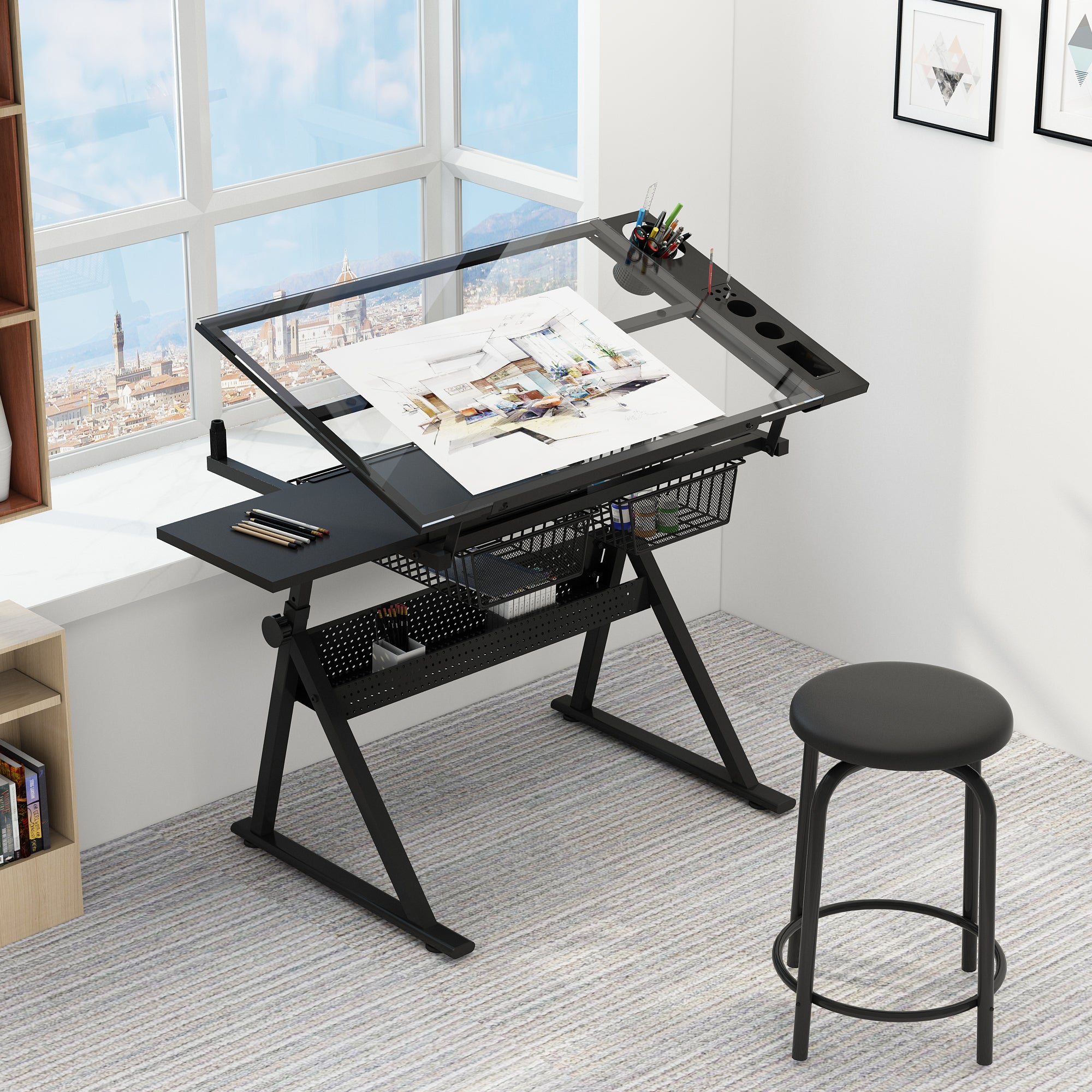 Tempered glass desktop tilted for drawing and tracing