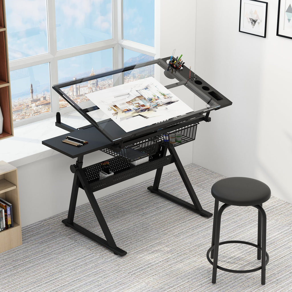 Adjustable Glass Drafting Table with Metal Drawers & Stool