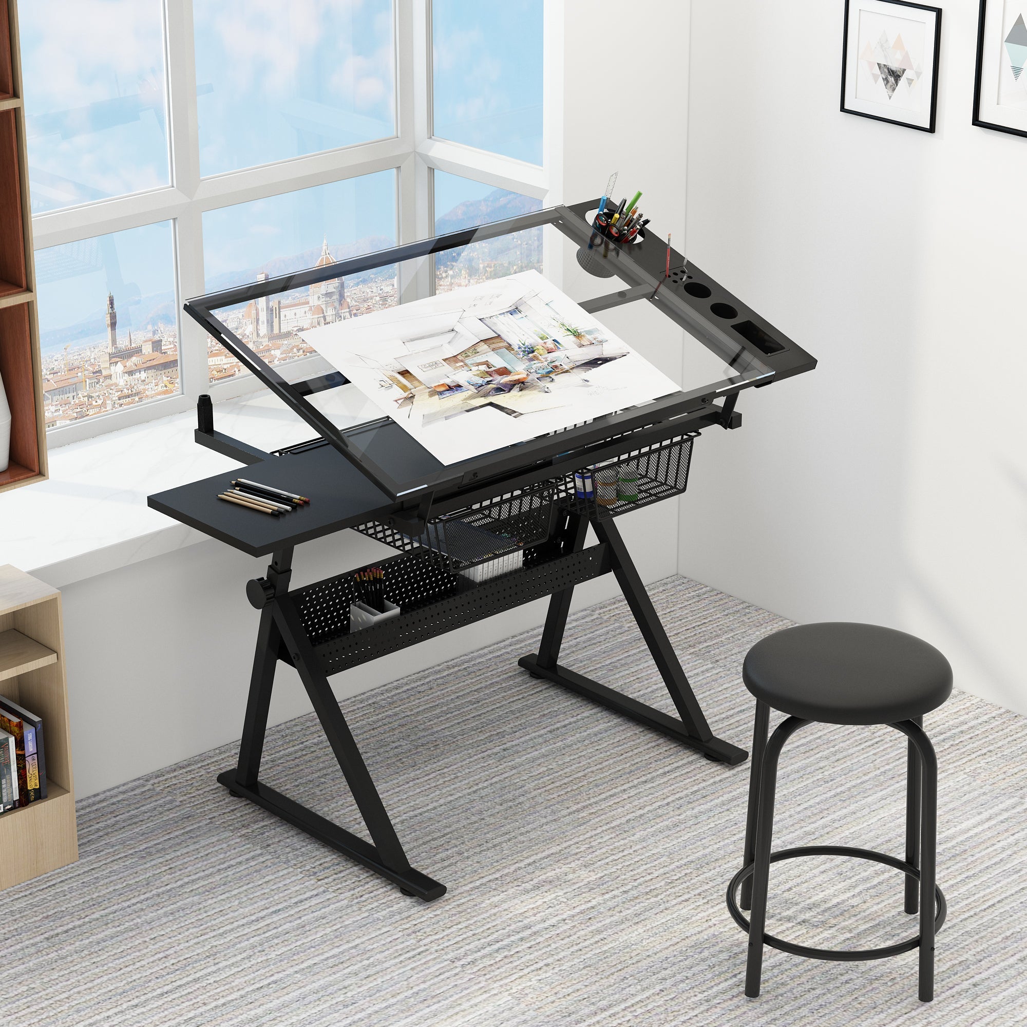 Adjustable Glass Drafting Table with Metal Drawers & Stool