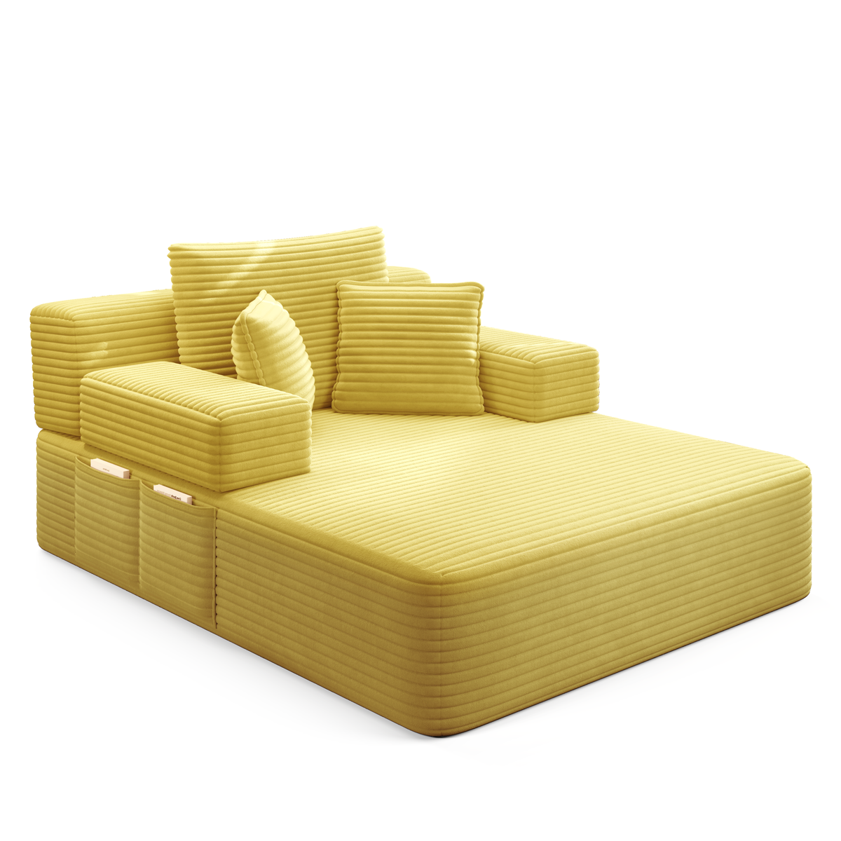 Oversized Plush Corduroy Chaise Lounge Sofa Bed,Convertible Sleeper Couch Bed w/ Storage Pockets,3 Soft Pillows,Multi-Functional Frameless Sofa Couch for Apartment,Home Theater,Guest Room,Beige&White