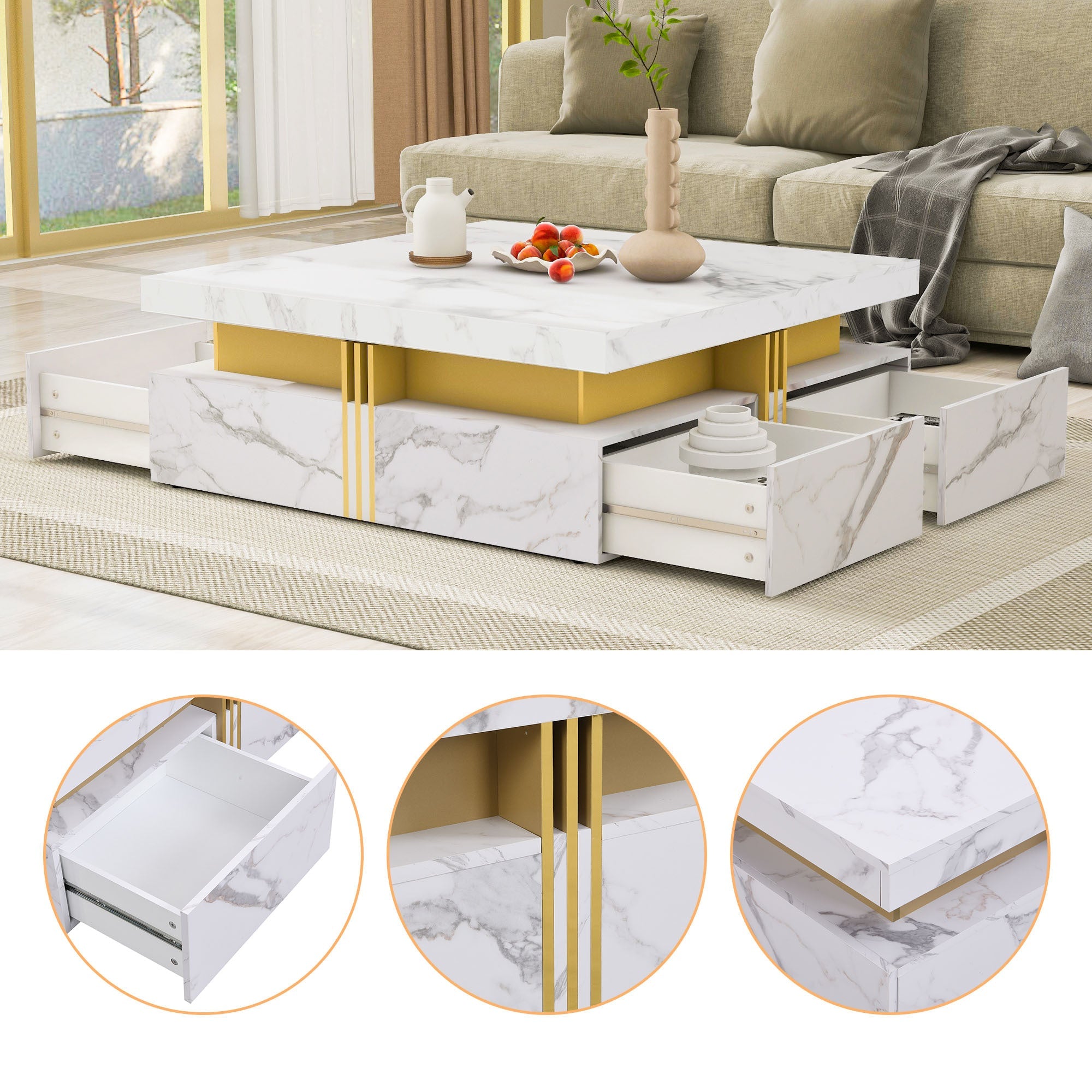 Square Storage Coffee Table — 4 Drawers & Gold Accents