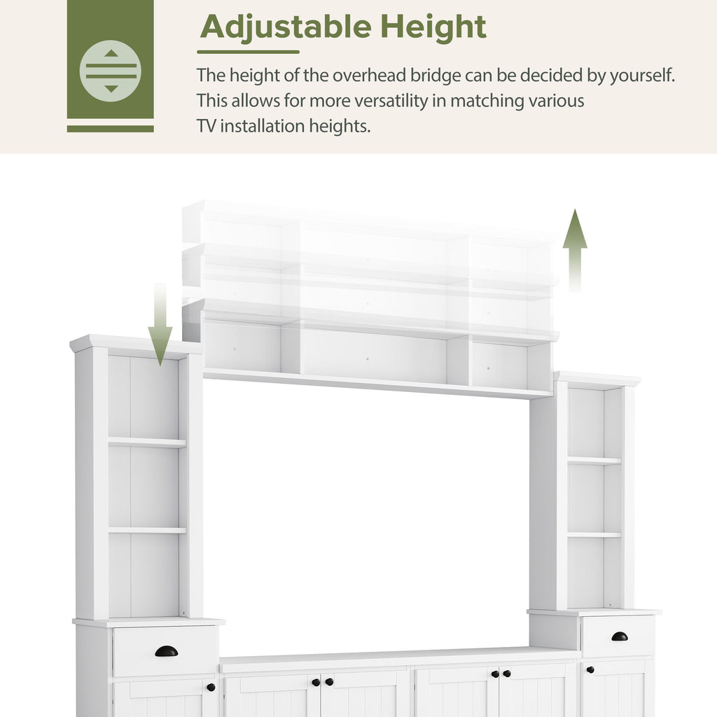 103-inch white TV wall unit with overhead bridge angle view