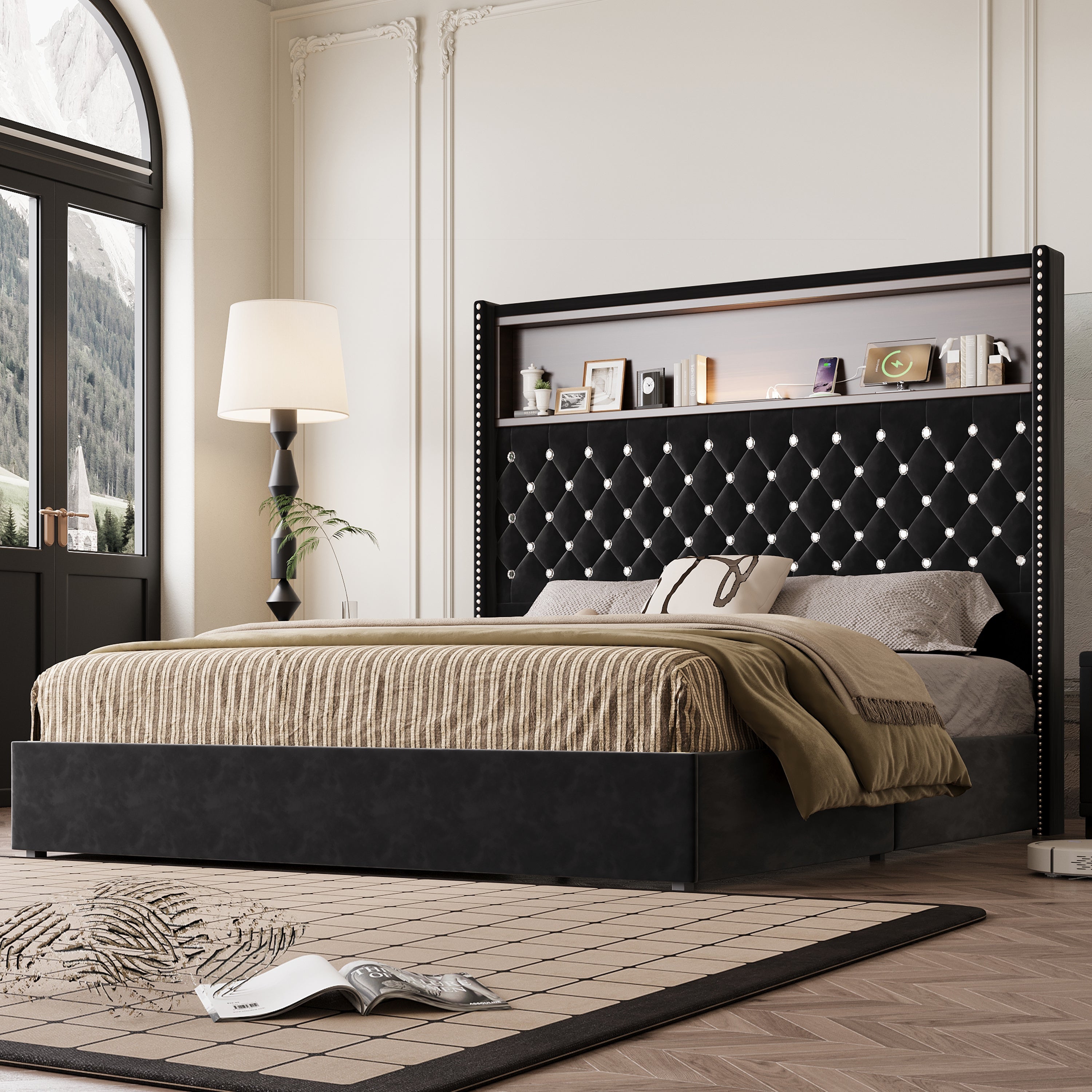 Queen Size Velvet Tufted Soft Bed Frame with USB Port and Night Light,52'' High Headboard with Rivet Decoration, Wing-back Platform Bed with Headboard Shelf, Beige