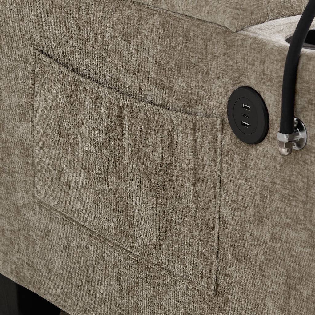 Brown recliner with matching storage ottoman — side profile