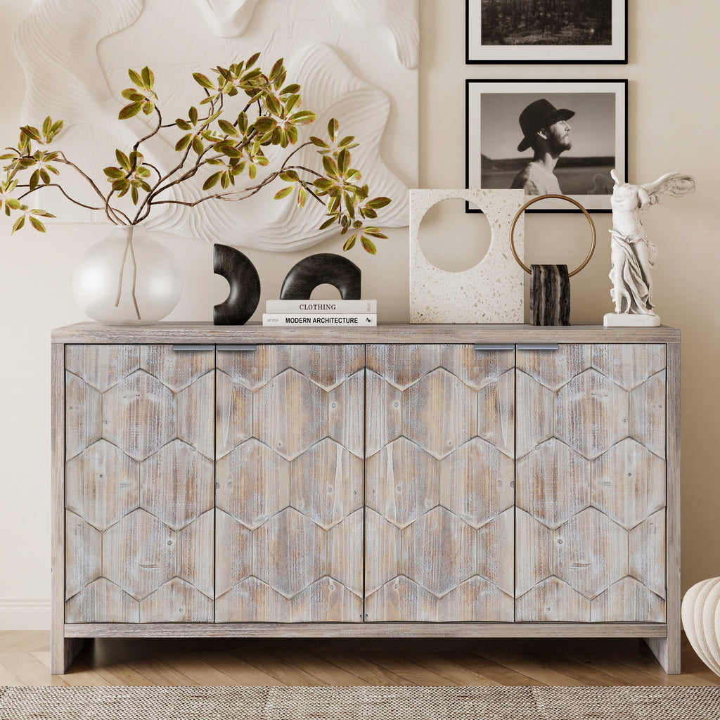 Natural wood wash farmhouse sideboard four doors — front view