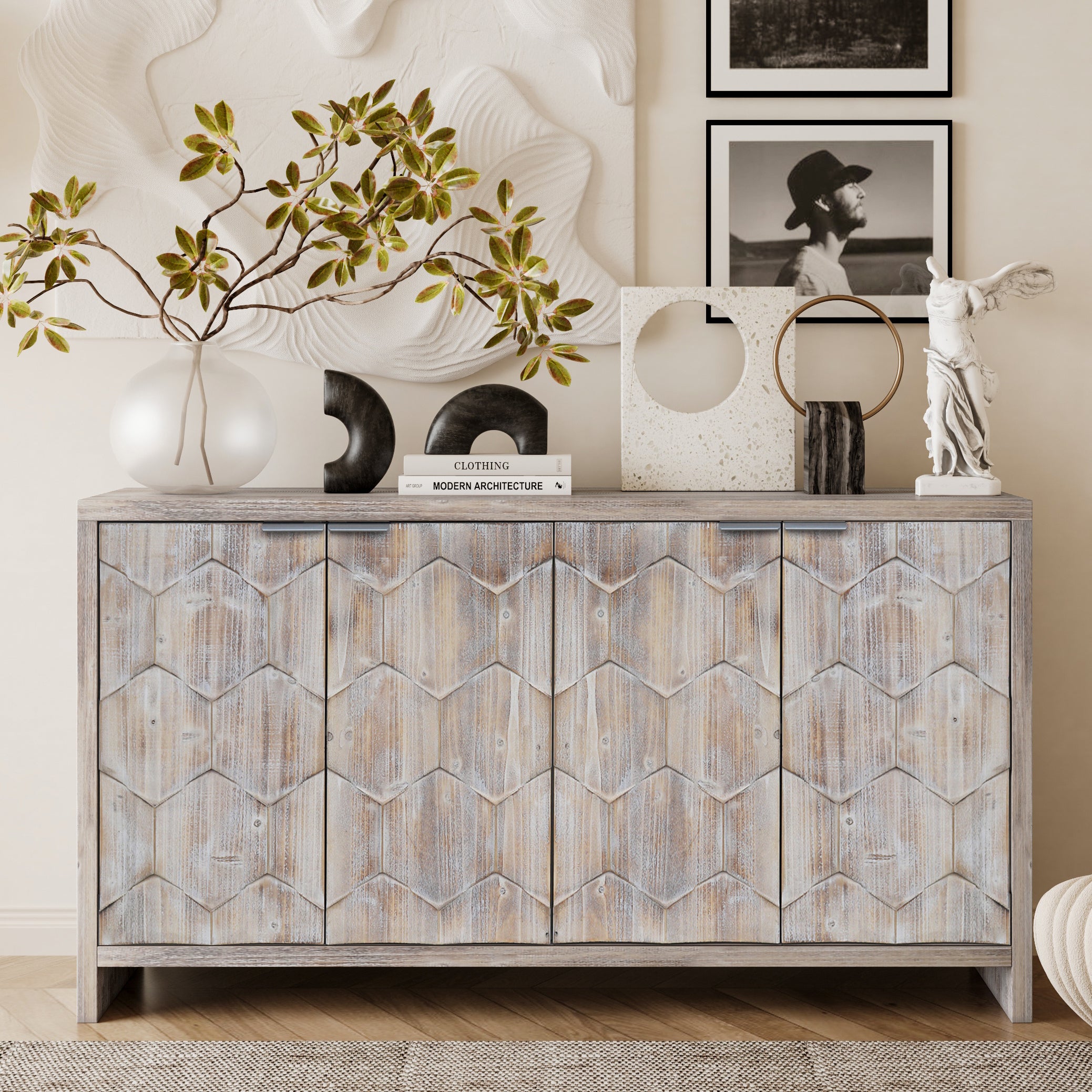 Natural wood wash farmhouse sideboard four doors — front view