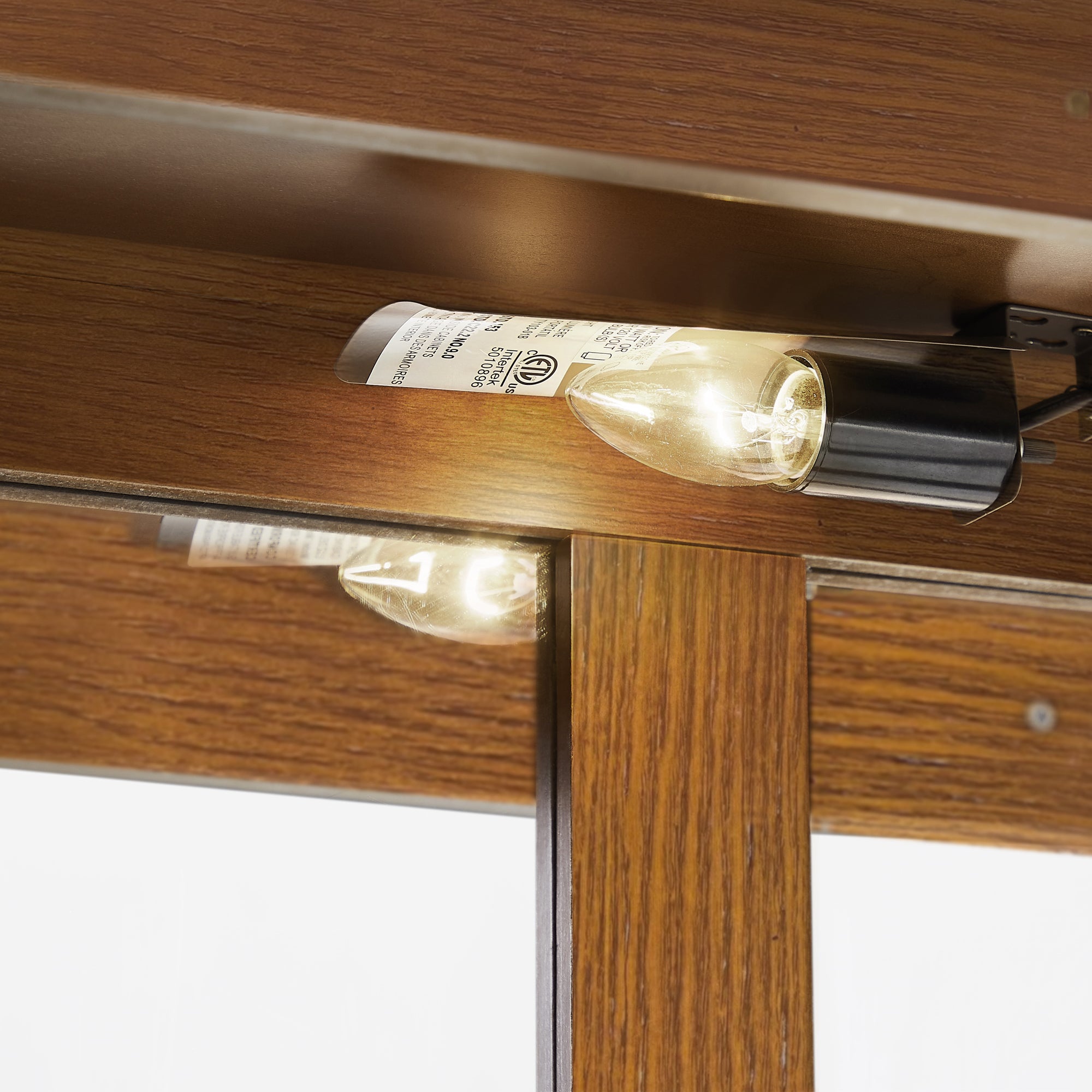 Oak lighted display cabinet side profile view